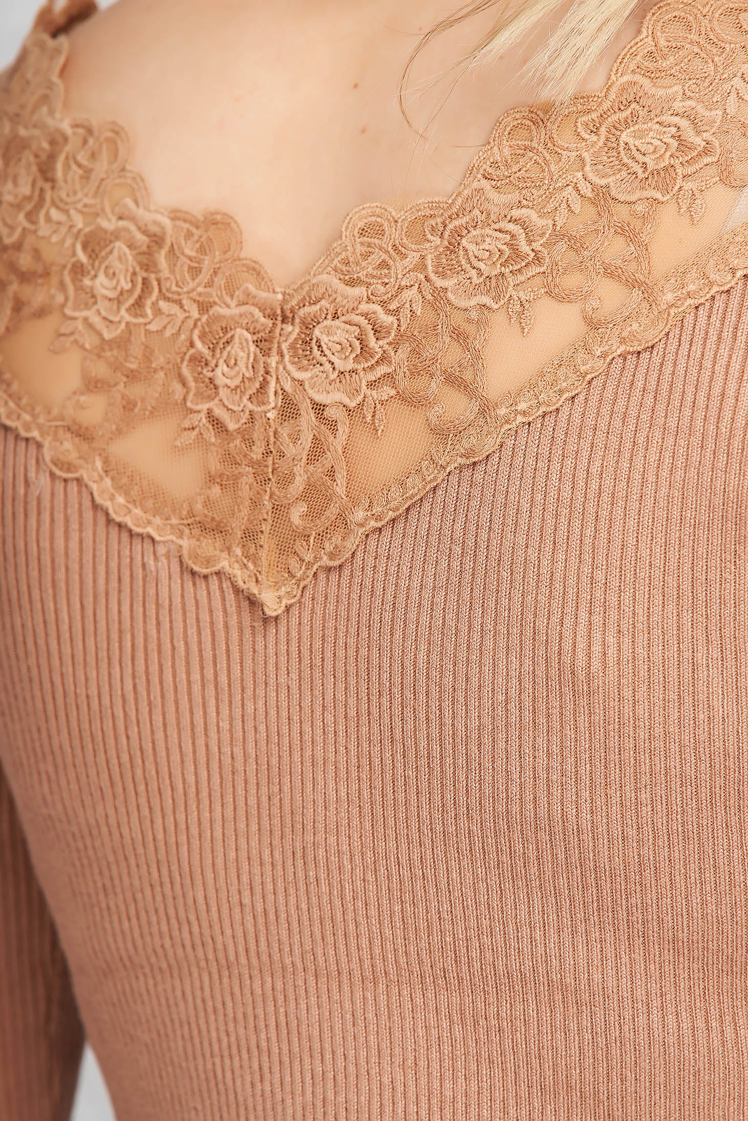 Cappuccino Dress Knitted From Elastic And Fine Fabric From Striped Fabric Pencil With Lace Details