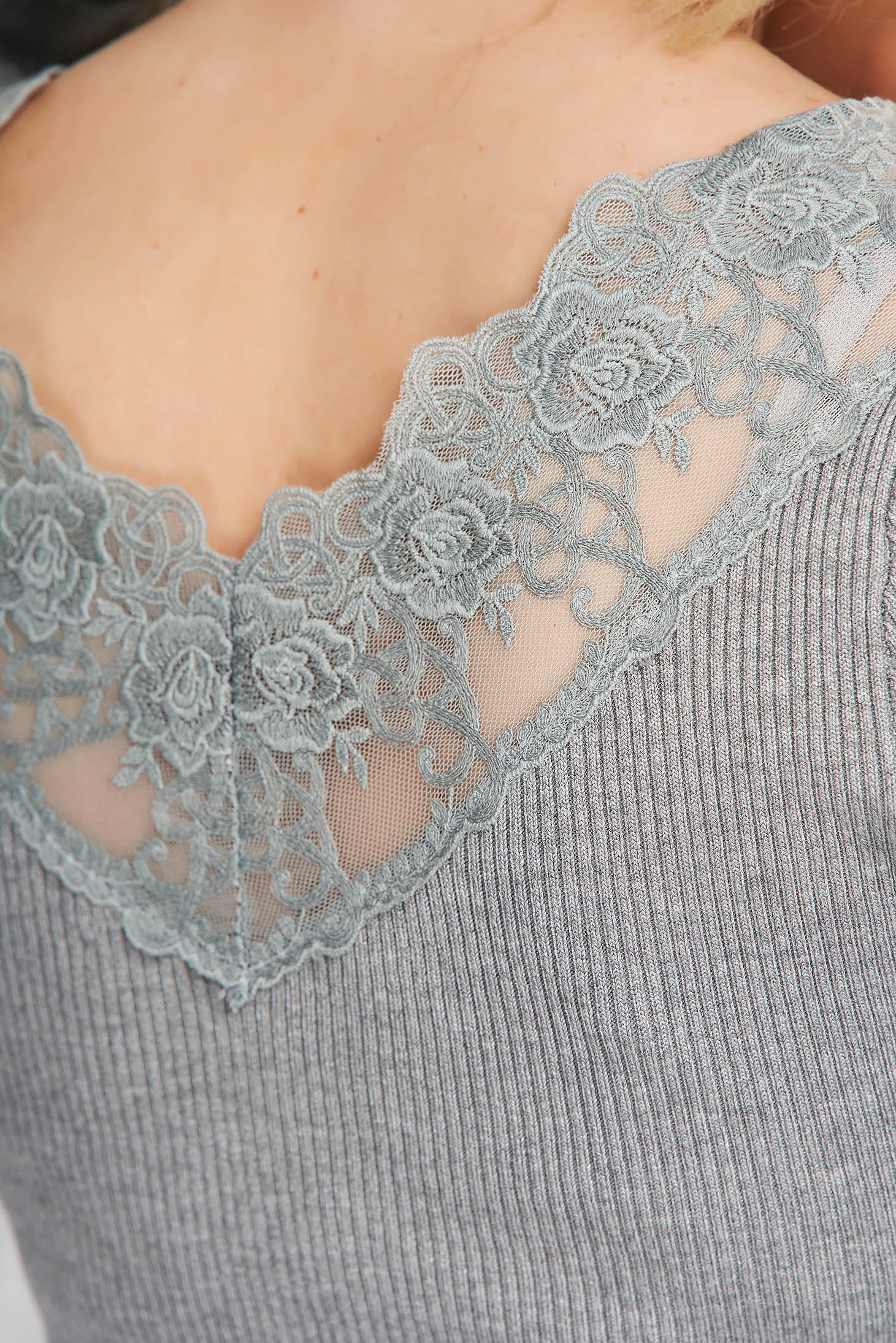 Grey Dress Knitted From Elastic And Fine Fabric From Striped Fabric Pencil With Lace Details