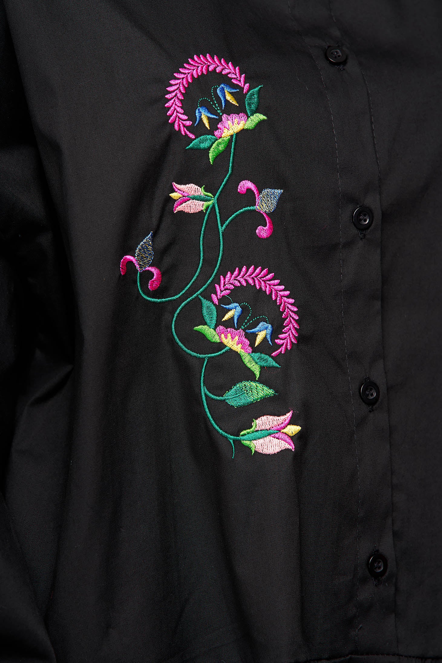 Black Dress Cotton Loose Fit With Ruffle Details Embroidered.