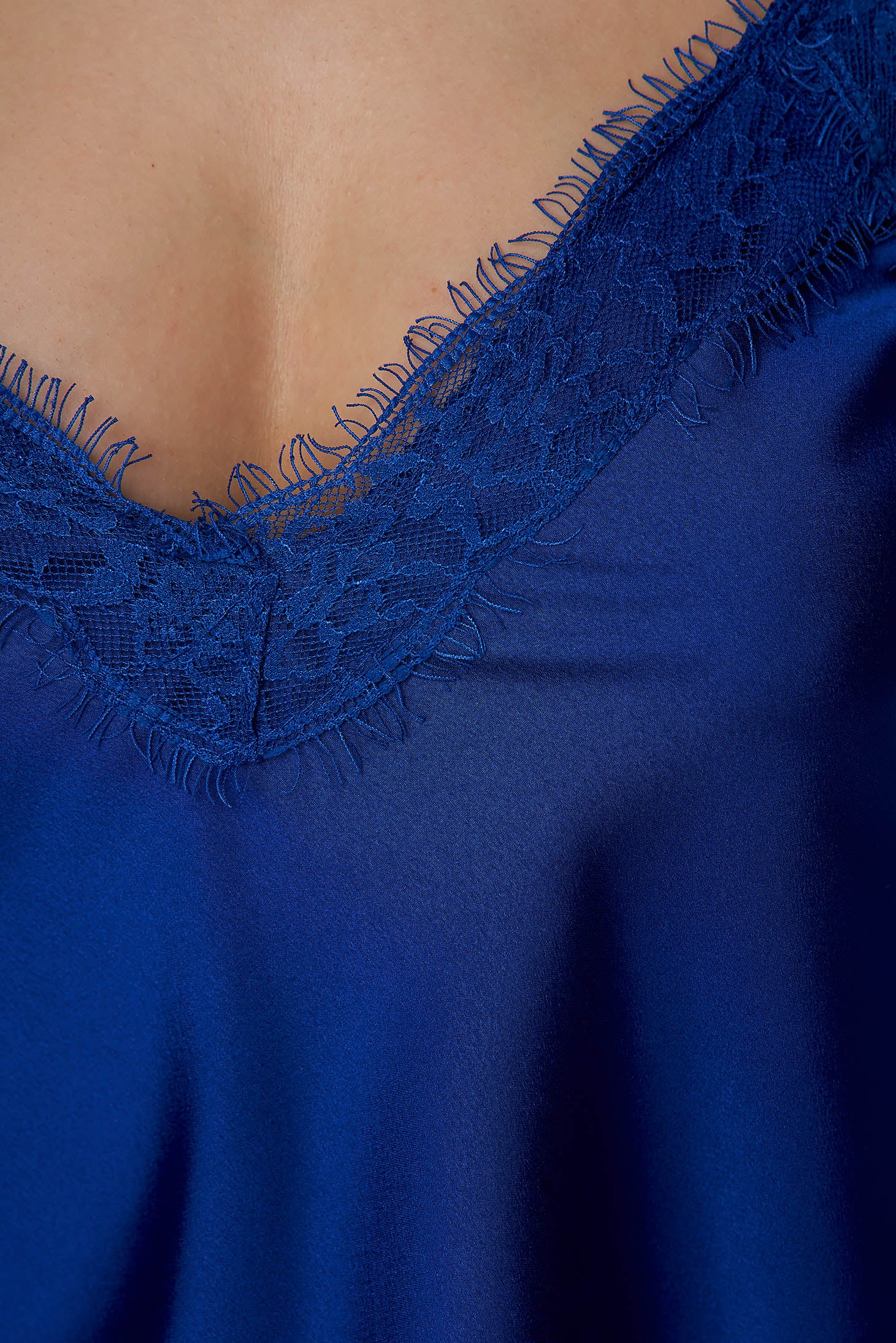 Blue Top With Wide Satin Cuts With Lace And Strap Applications.