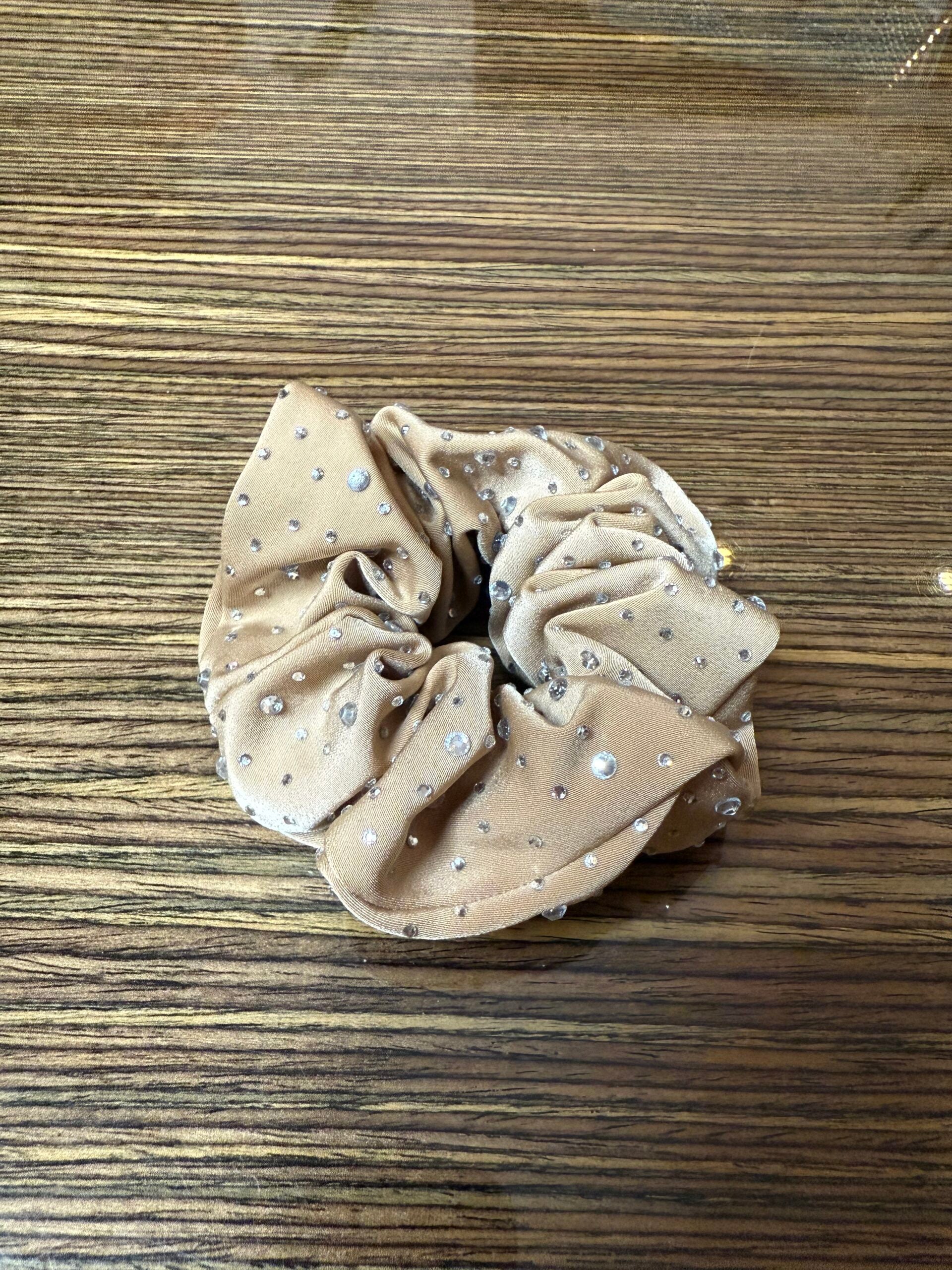 Elegant Beige Korean Satin Crystal Scrunchie