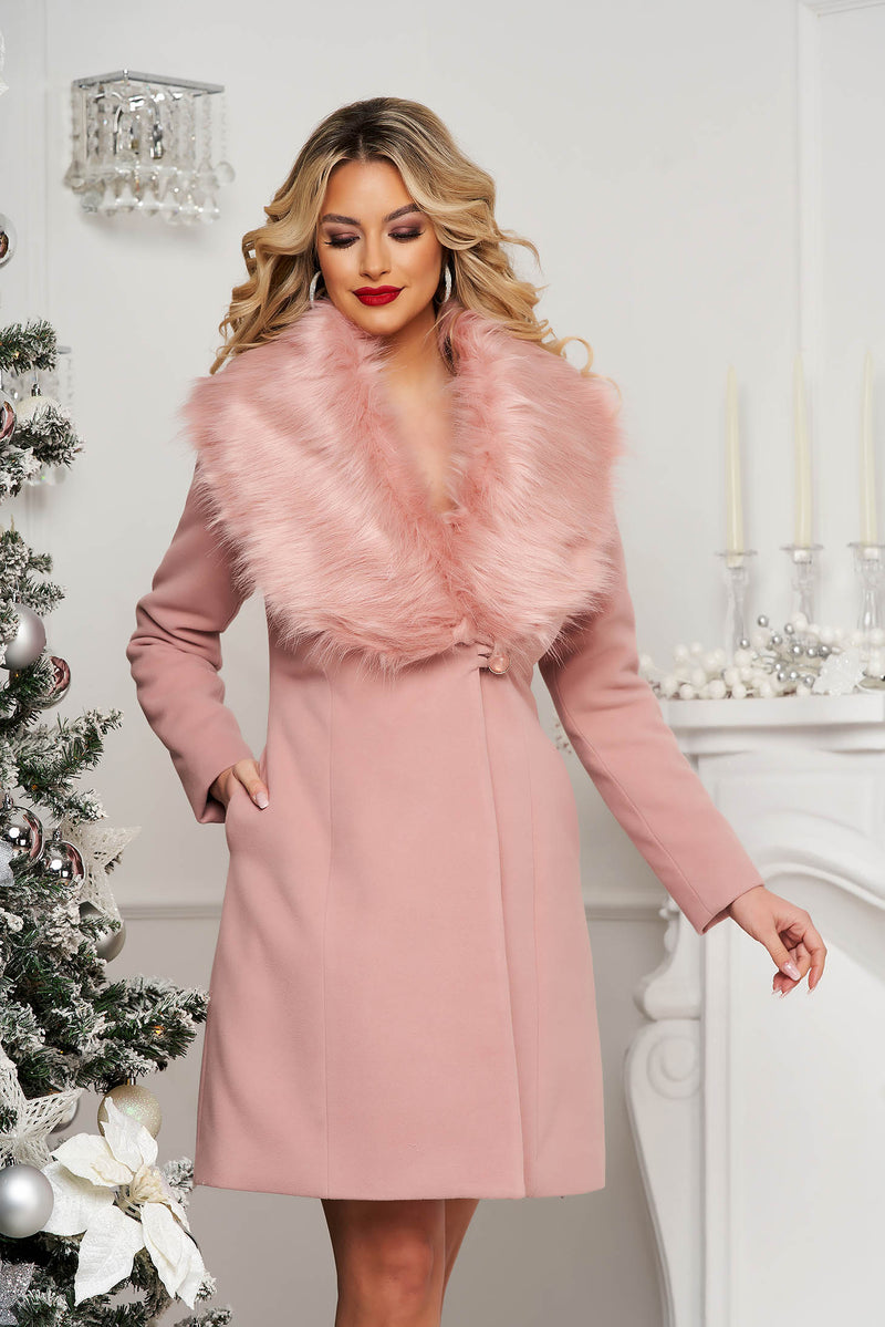 Lightpink Coat Tented Elegant With Faux Fur Accessory