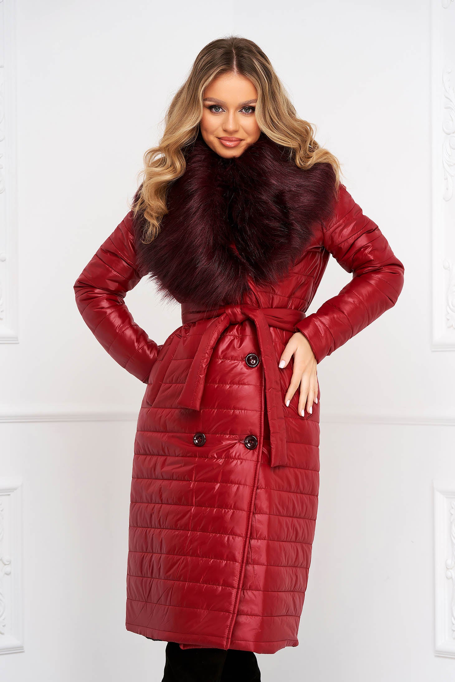 Burgundy Jacket Ecological Fur Collar Detachable Cord