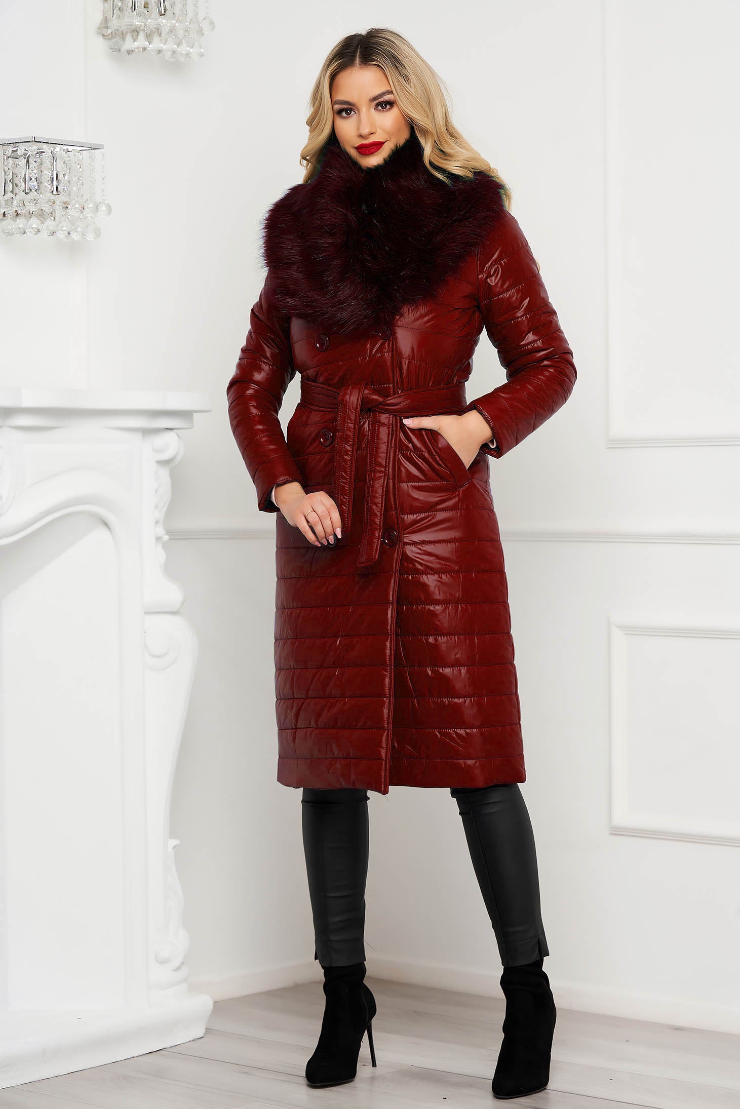 Burgundy Jacket Ecological Fur Collar Detachable Cord