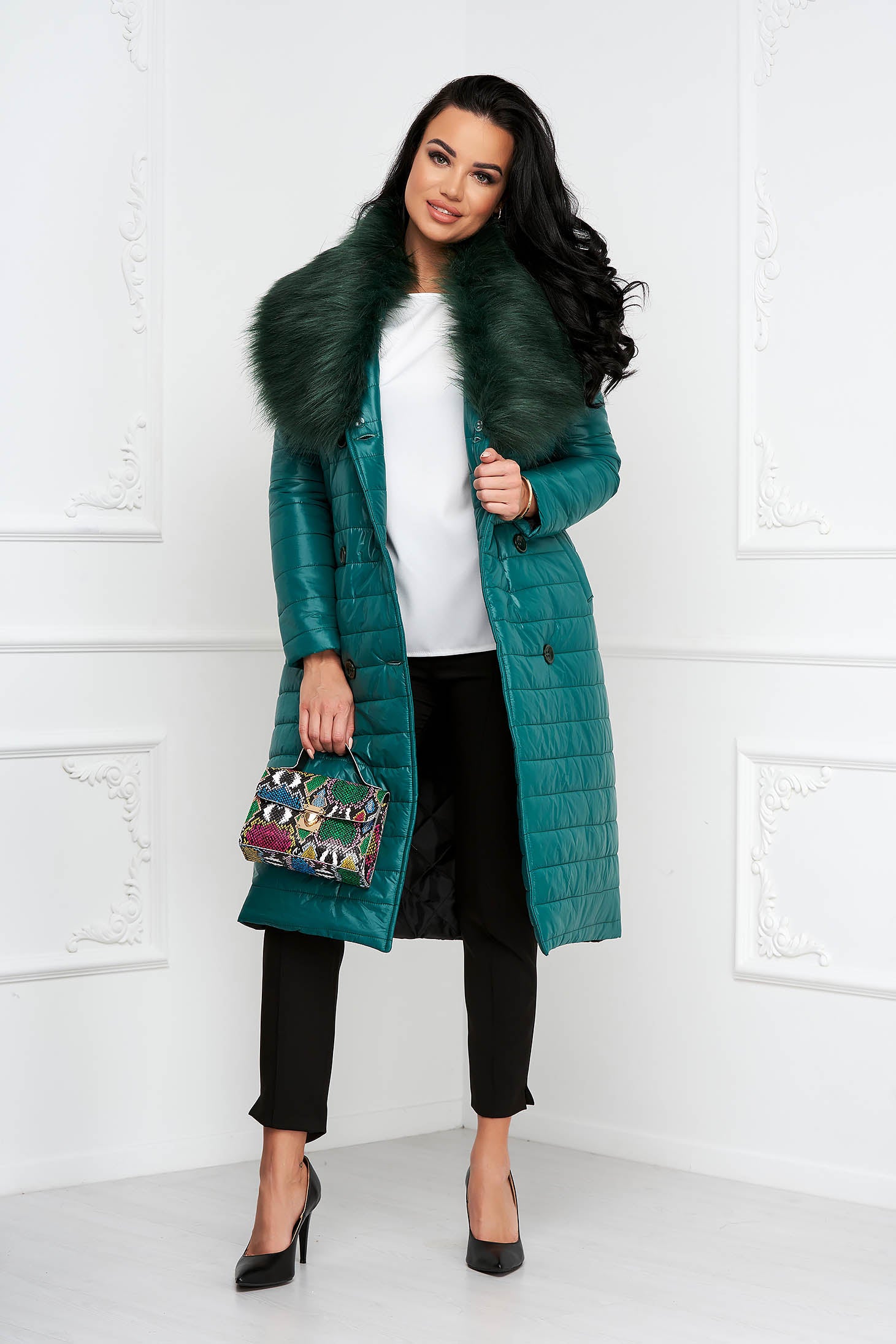 Green Jacket Ecological Fur Collar Detachable Cord
