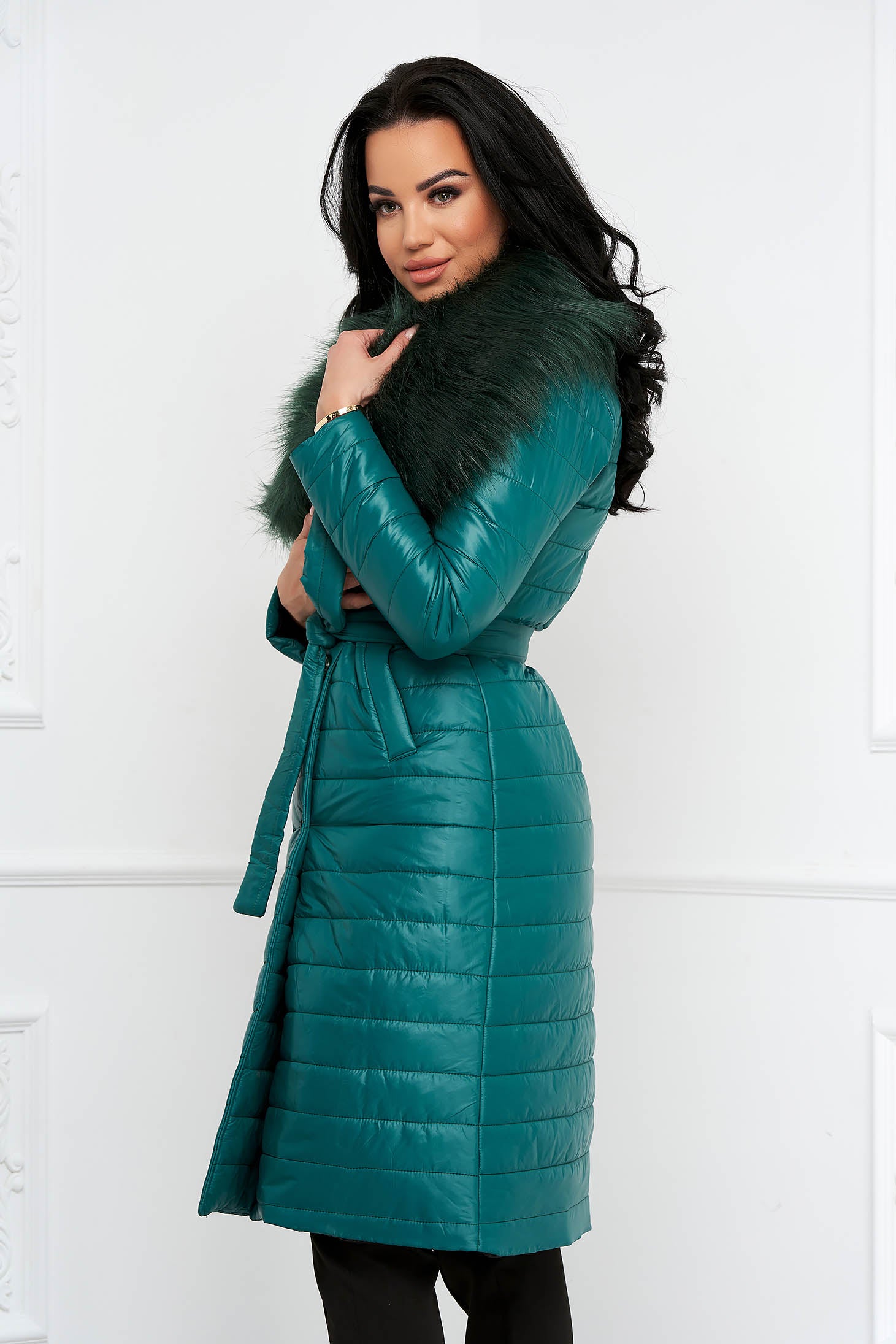 Green Jacket Ecological Fur Collar Detachable Cord
