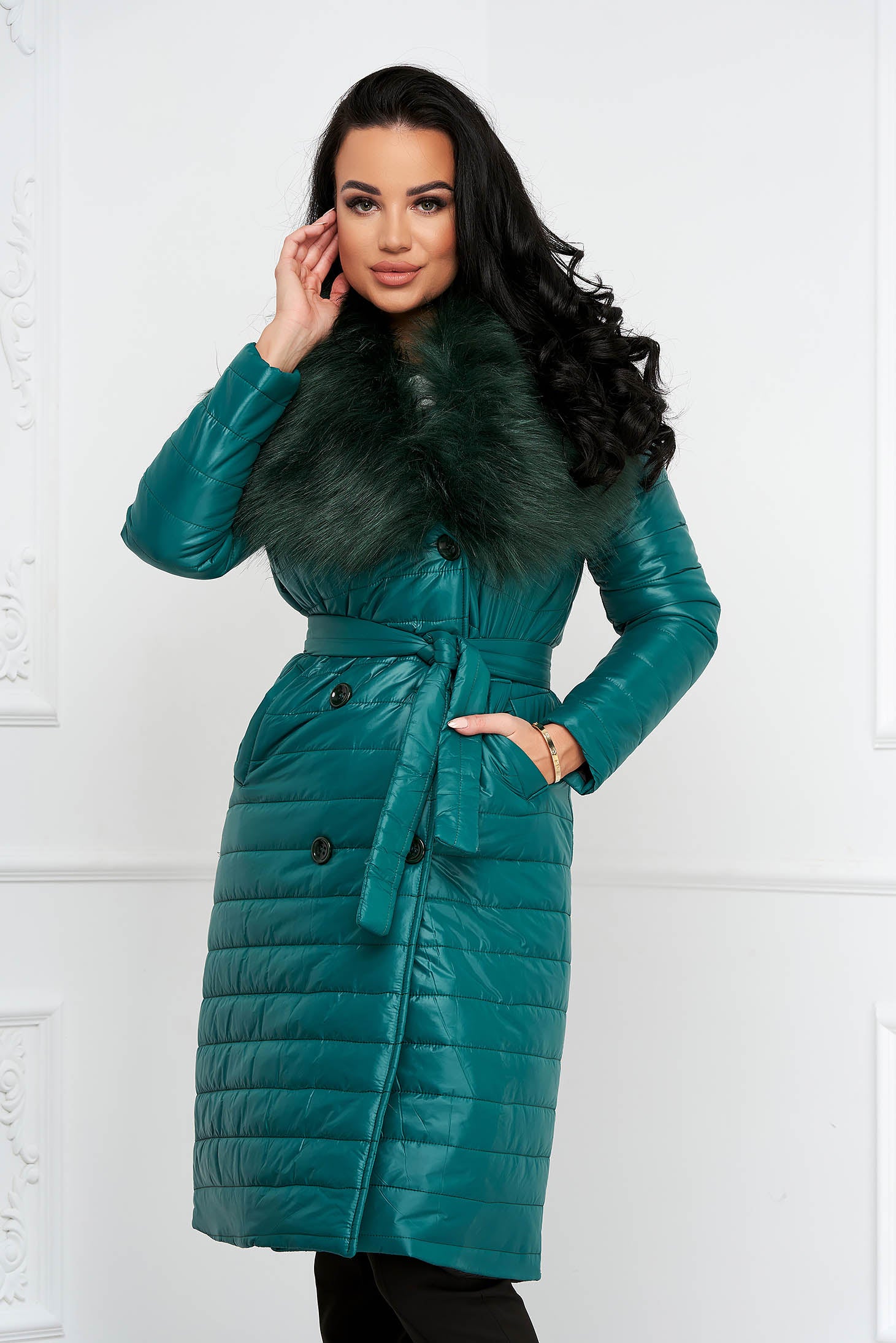 Green Jacket Ecological Fur Collar Detachable Cord