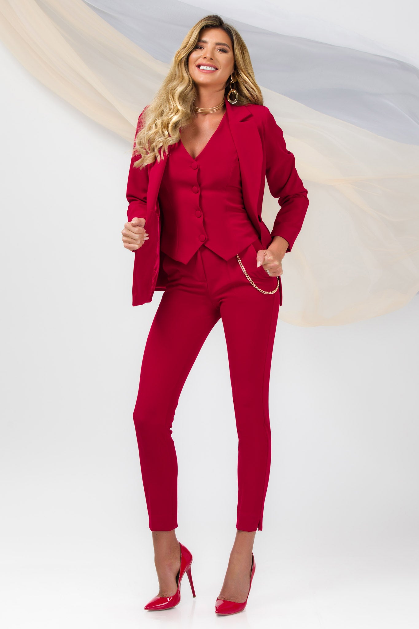 Red Office Jacket With Pointed Lapel And Two-Button Closure