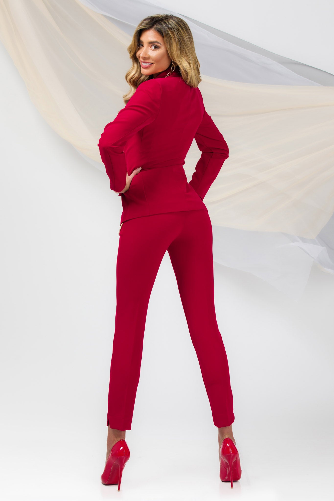 Red Office Jacket With Pointed Lapel And Two-Button Closure