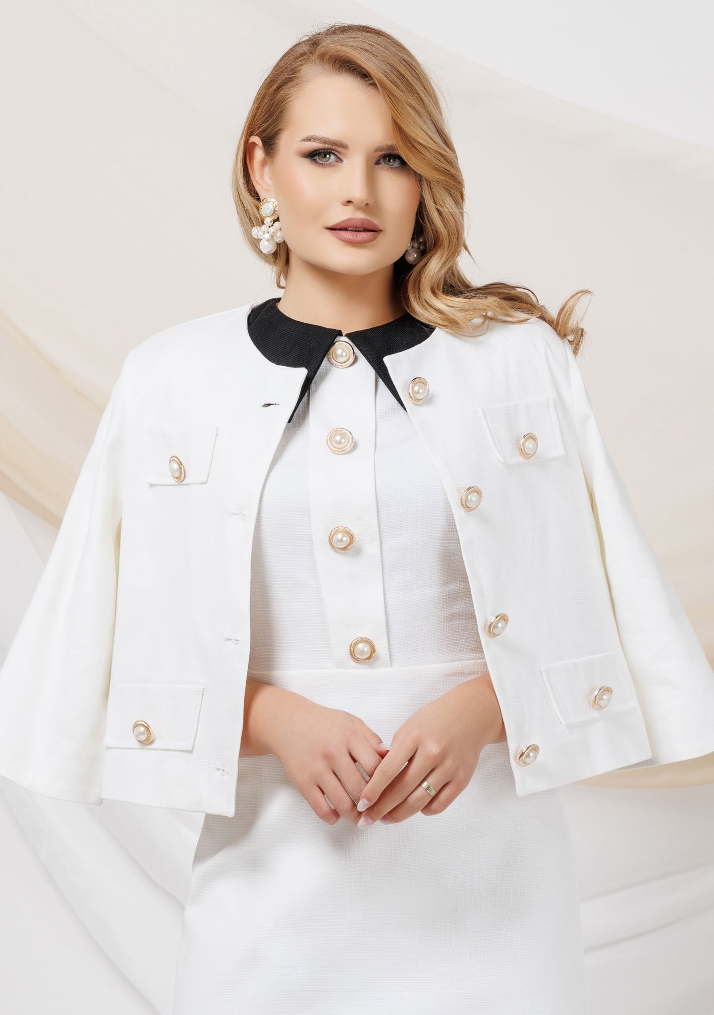 Elegant White Jacket With Decorative Pearl Buttons
