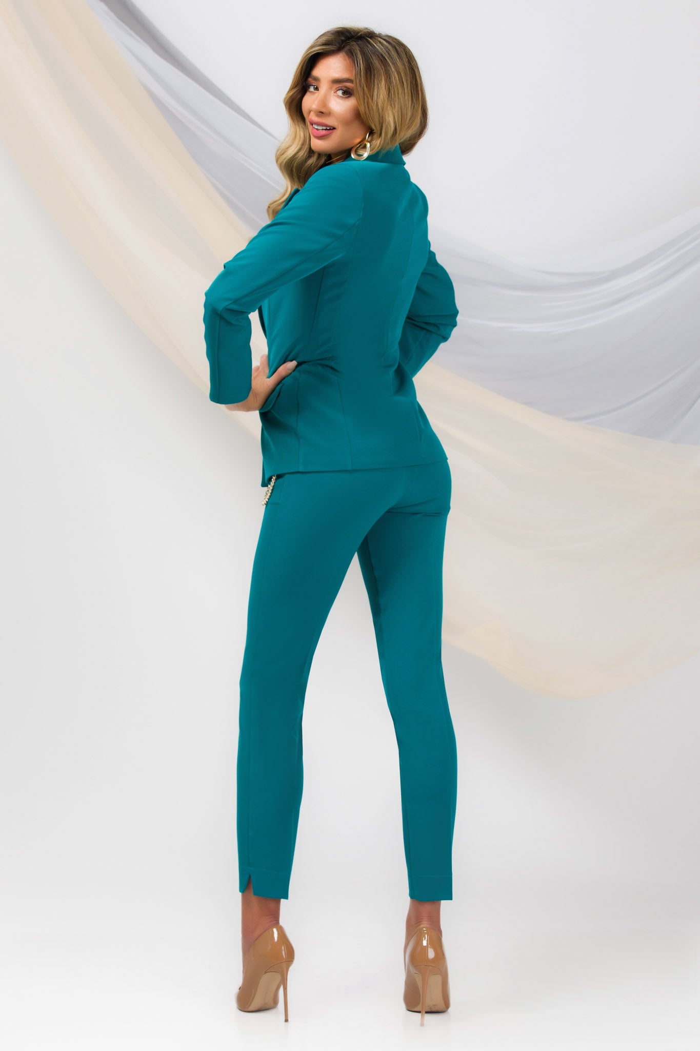 Turquoise Office Jacket With Pointed Lapel And Two-Button Closure