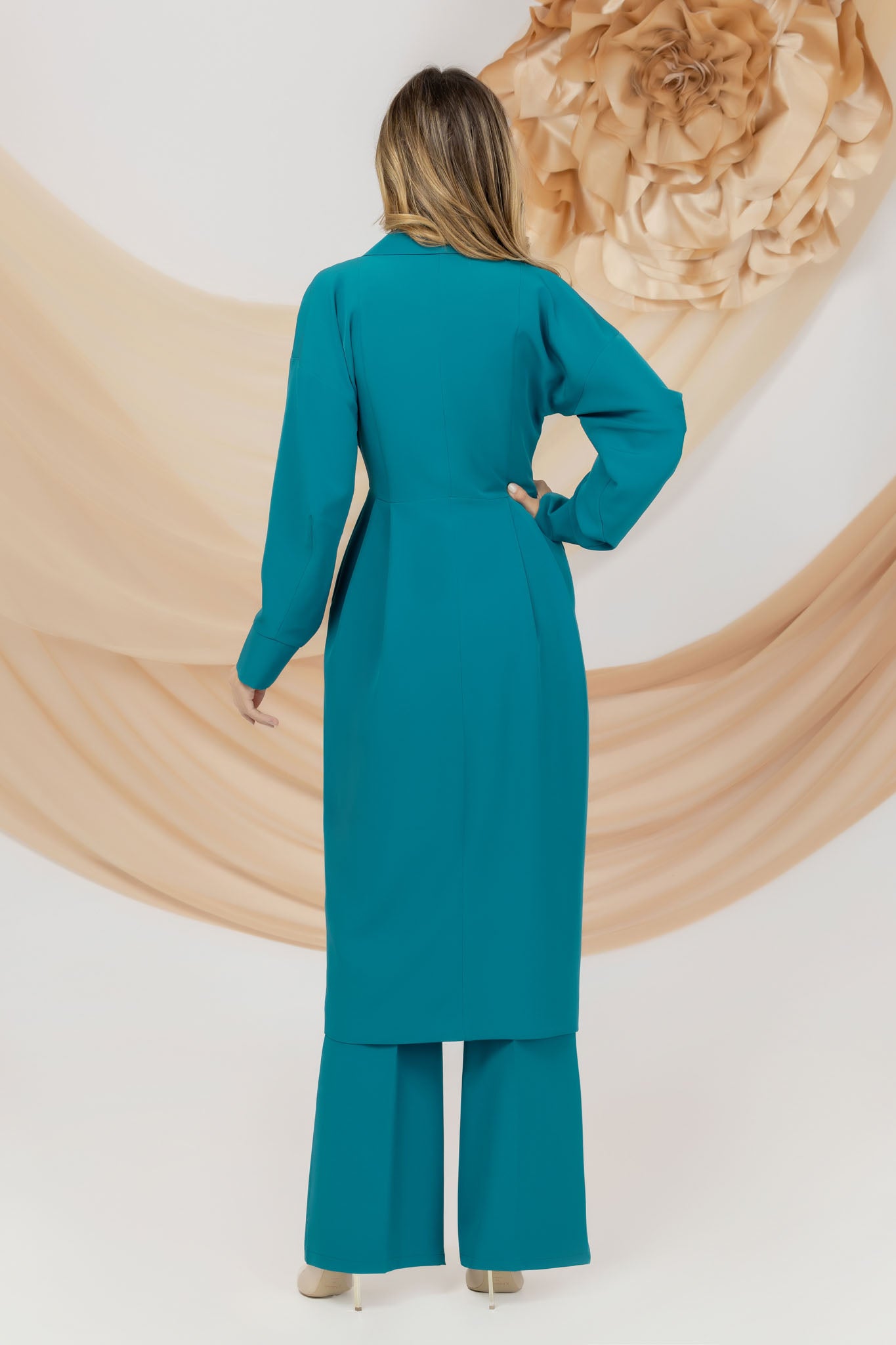 Turquoise Overcoat Cambered With Two Rows Of Buttons