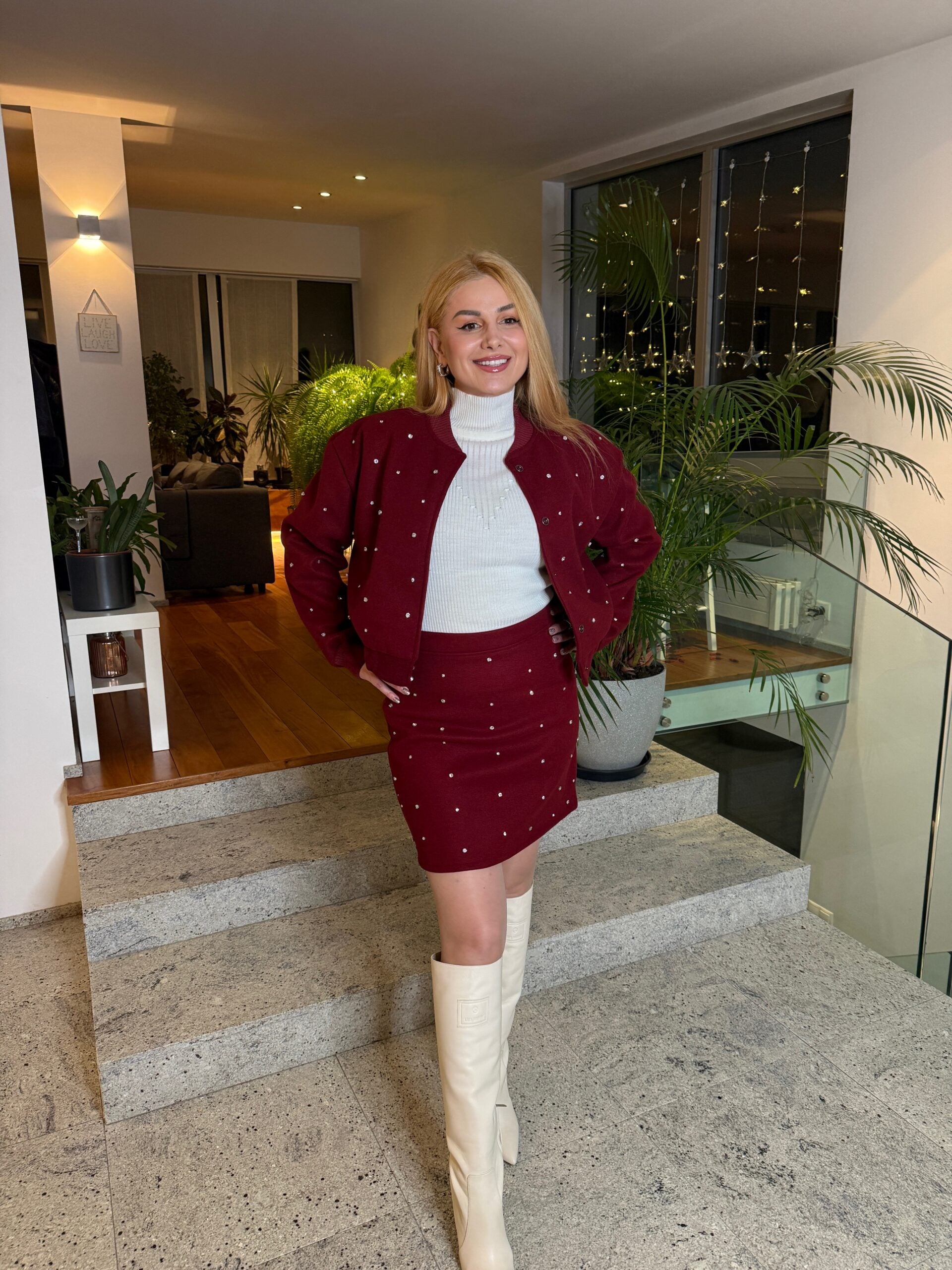 Chic Burgundy Cropped Jacket with Rhinestone Details