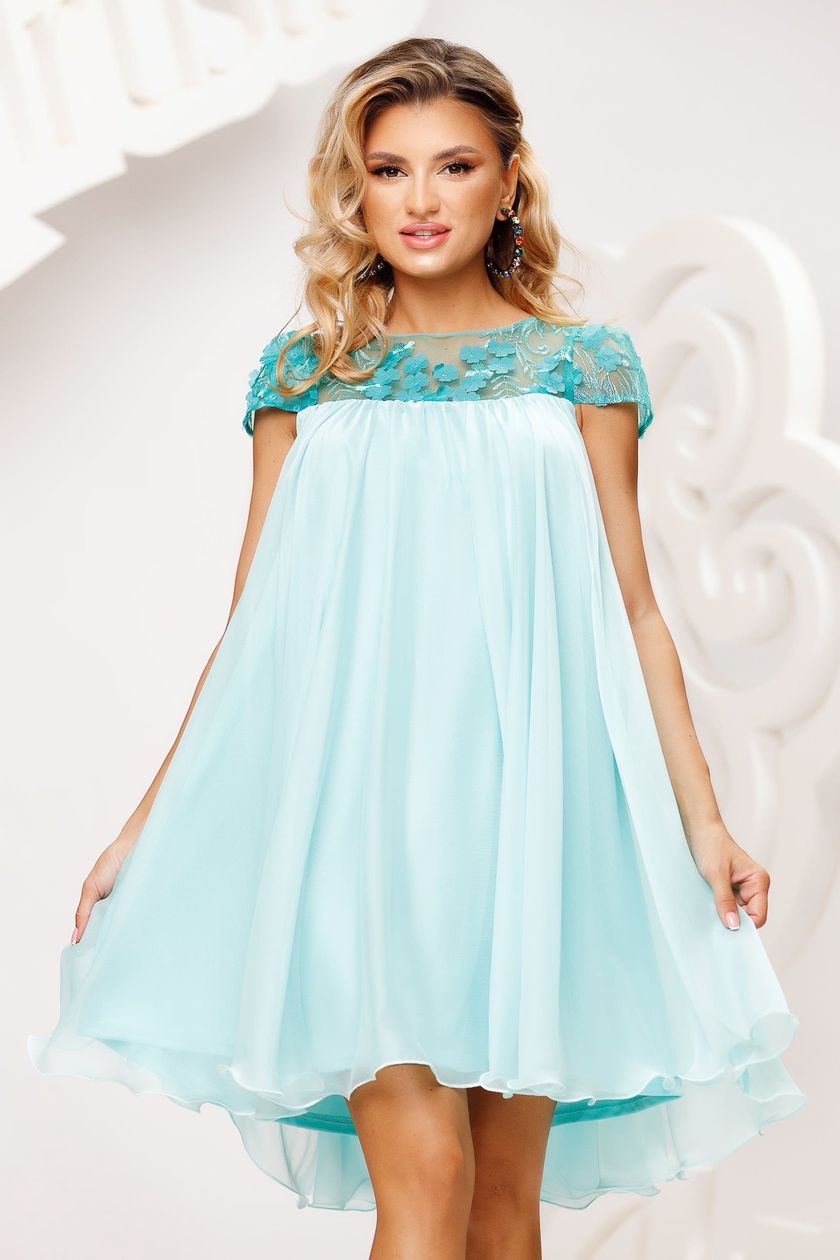 Acqua Dress Babydoll Made Of Voile And Lace With 3D Applications