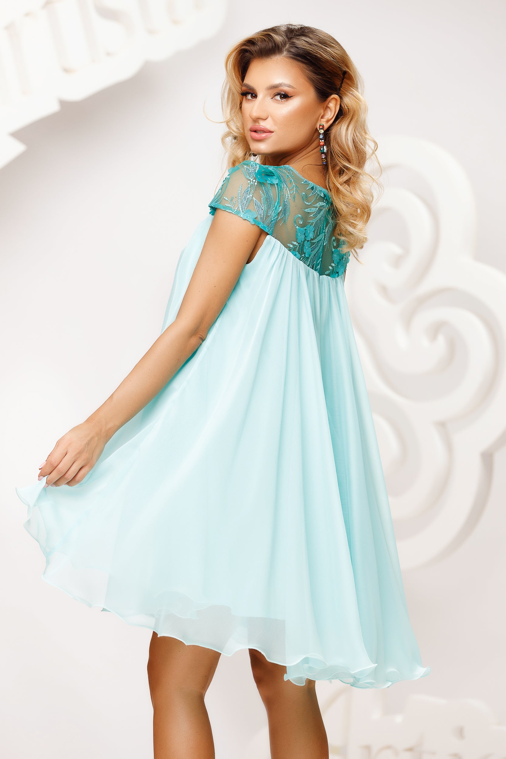 Acqua Dress Babydoll Made Of Voile And Lace With 3D Applications