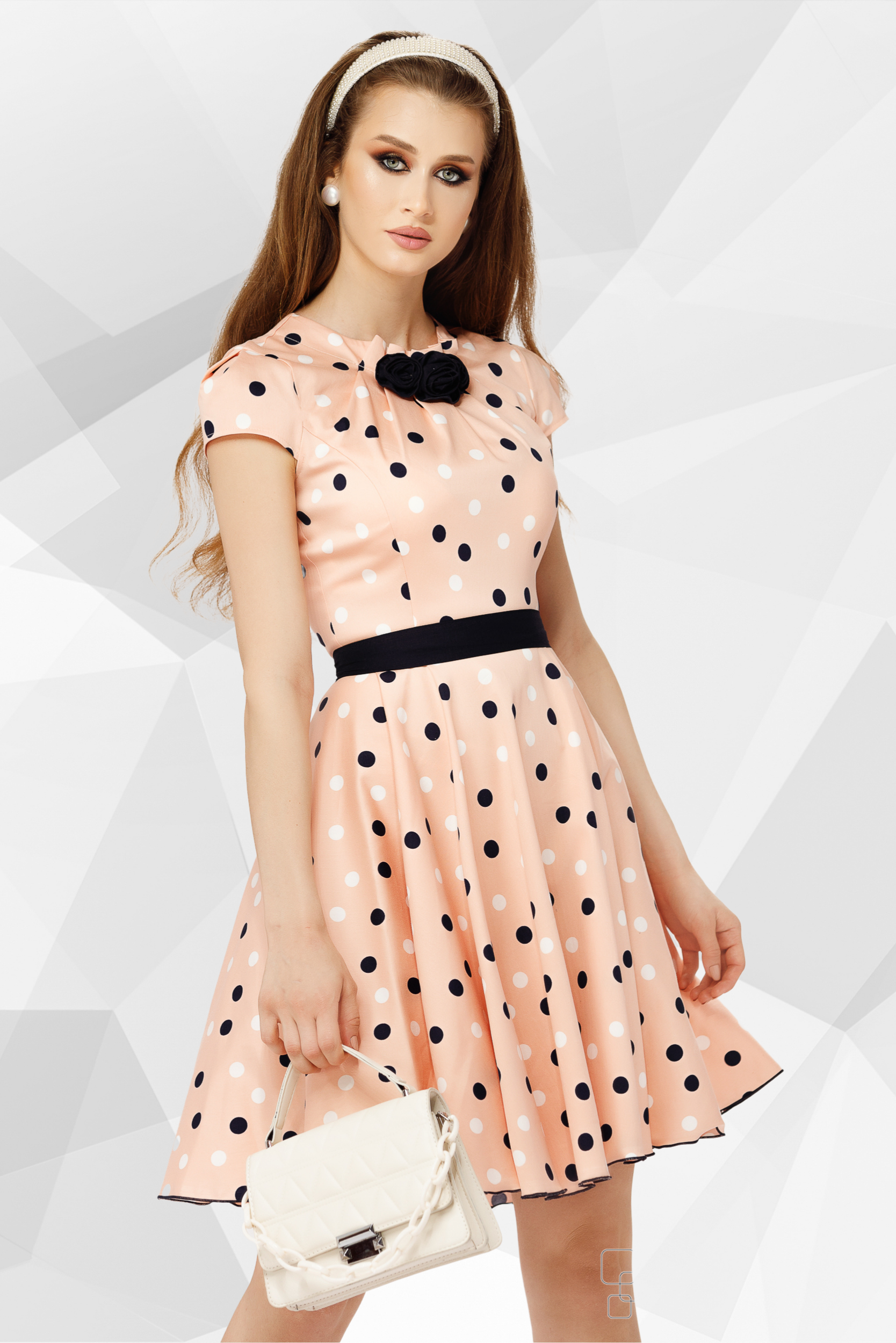 Pink Dress Cotton Sateen With Polka Dots And Handmade Roses