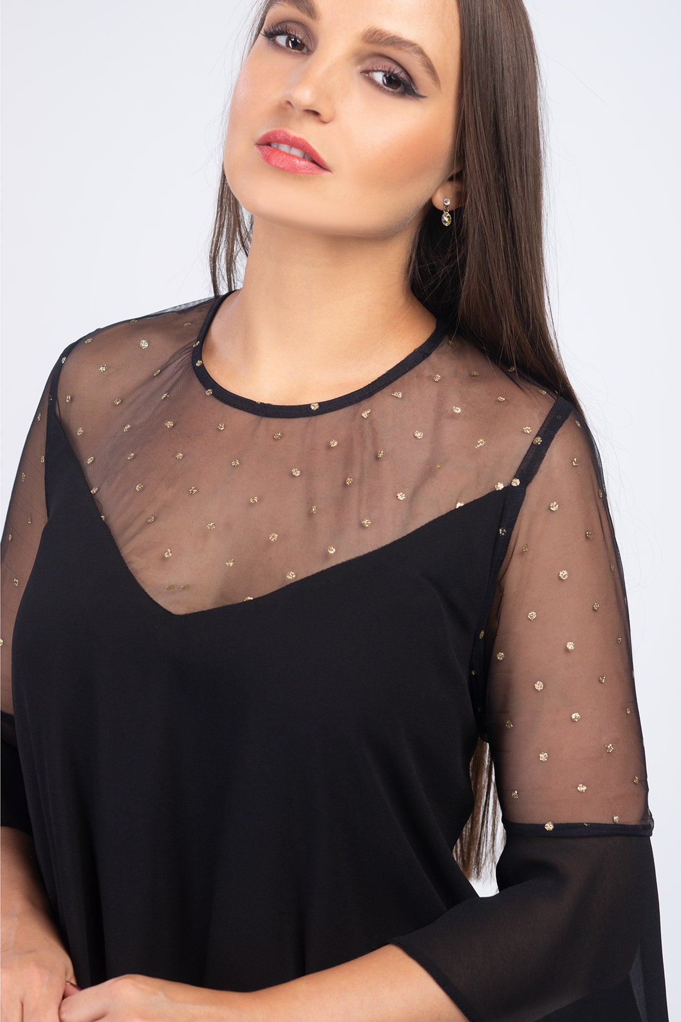 Voile Black Golden Dress Loose Cut Lace Sleeves