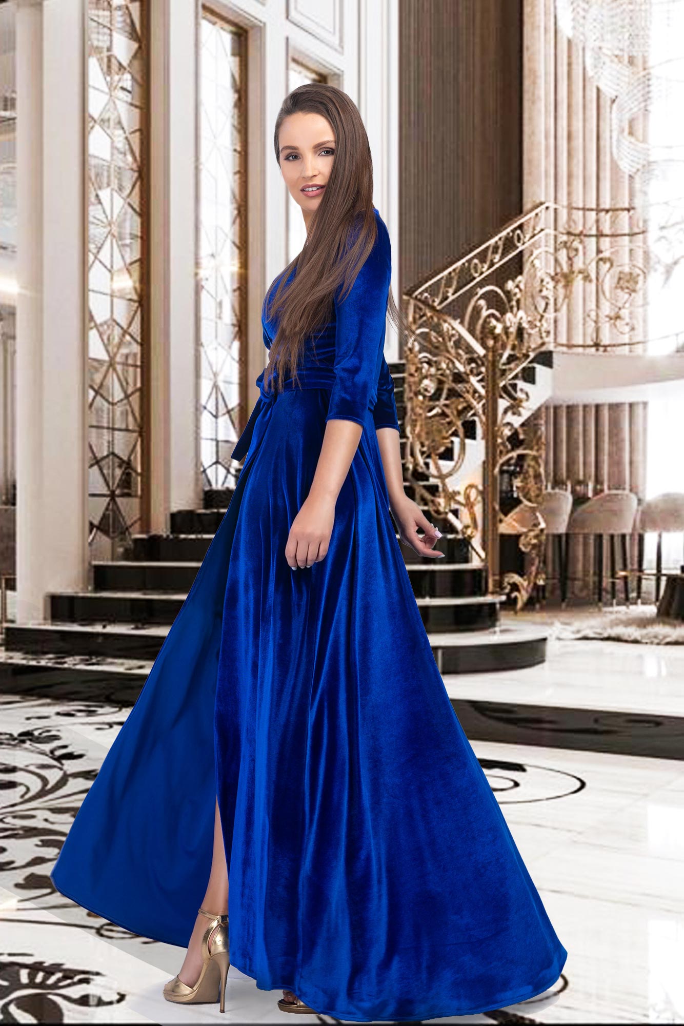 Blue Velvet Long Dress Wrap Adjustable Cord