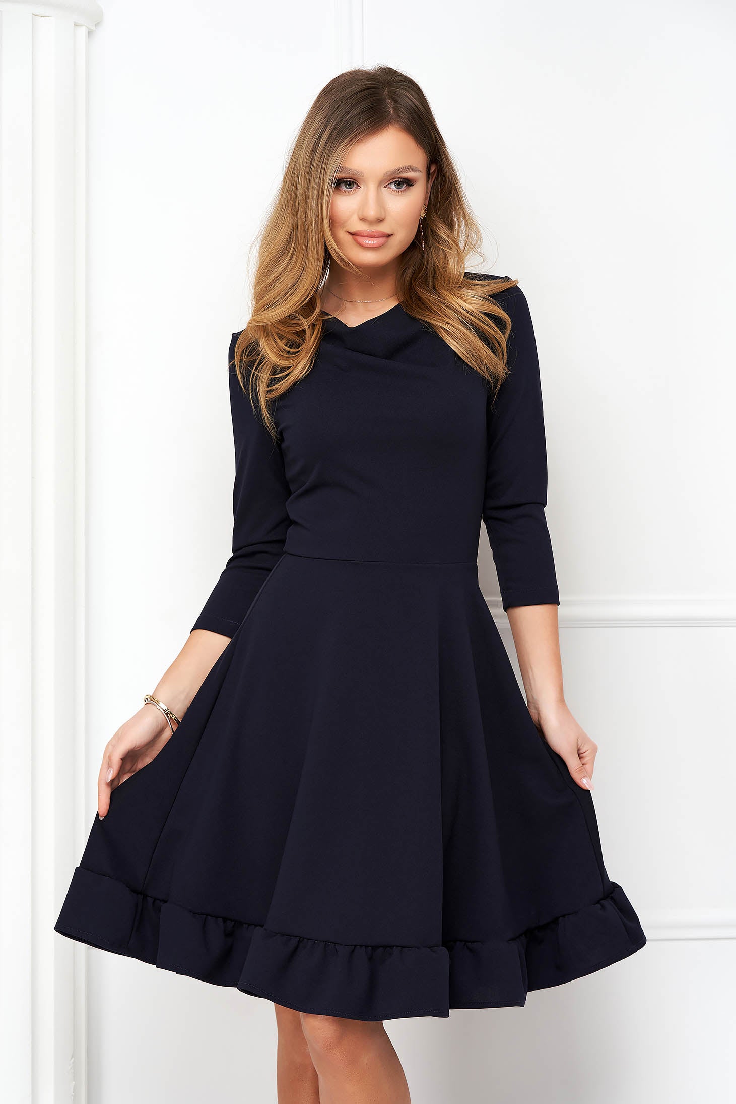 Dark Blue Dress Crepe Midi Cloche Cowl Neckline
