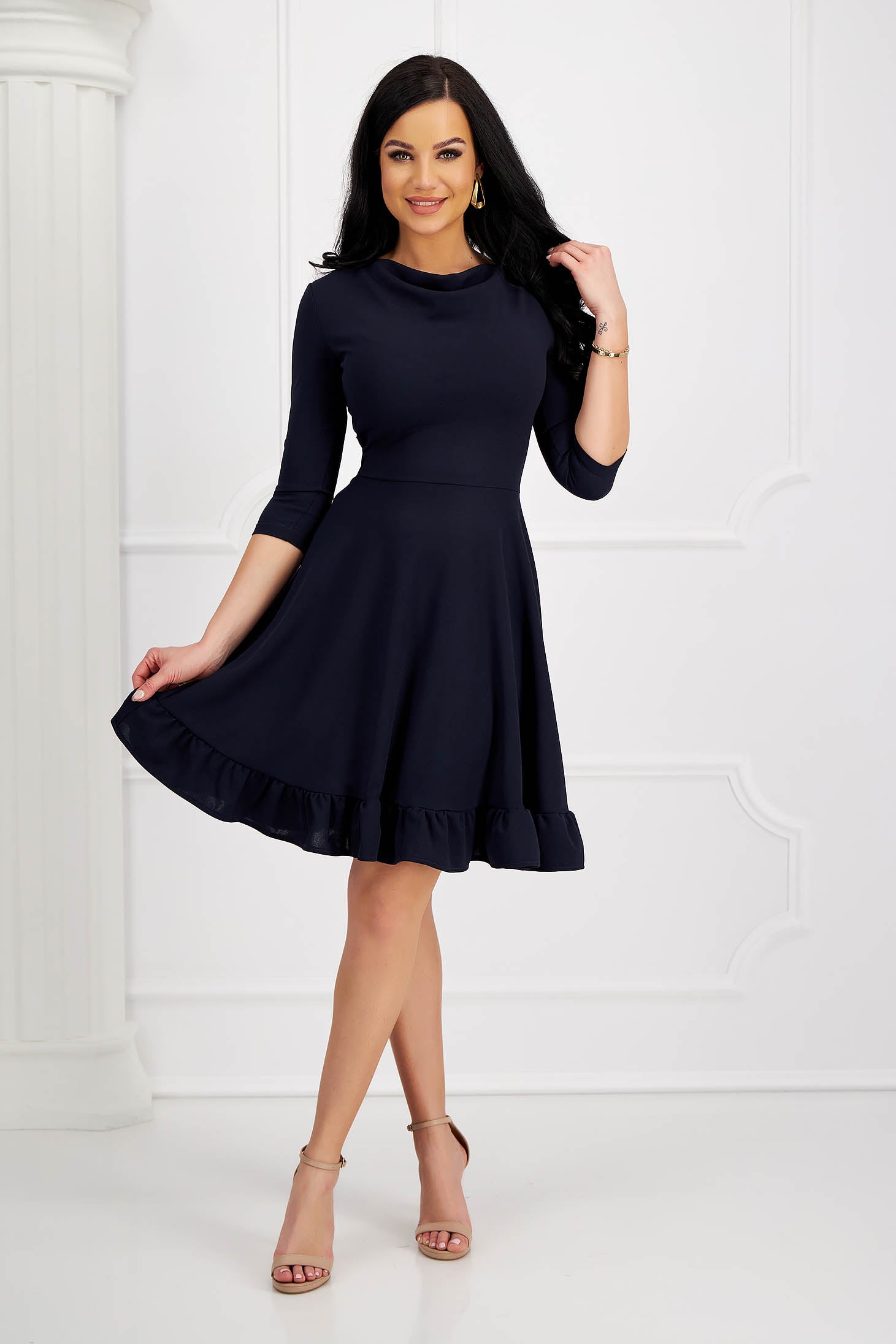 Dark Blue Dress Crepe Midi Cloche Cowl Neckline