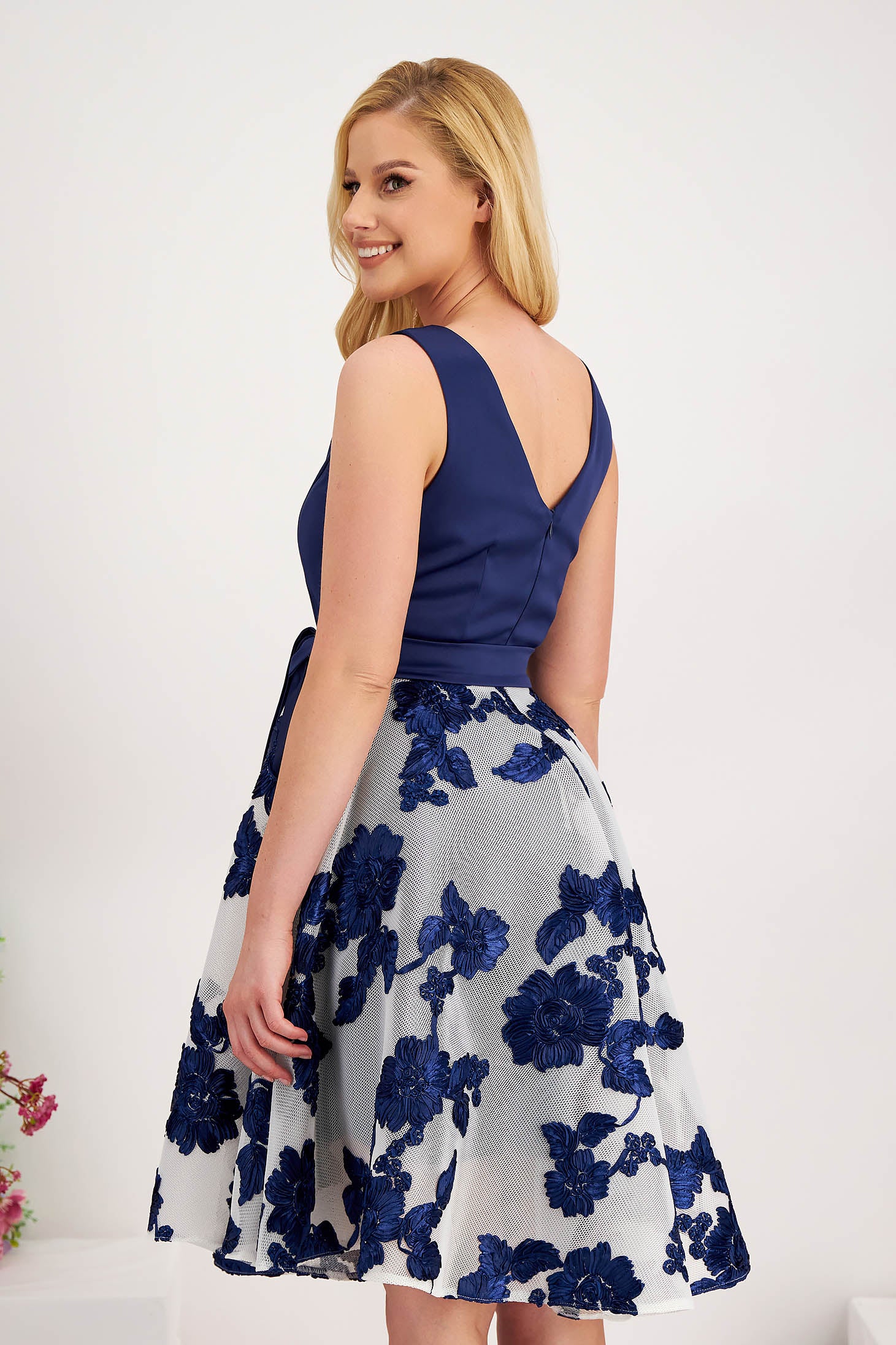 Dark Blue Short Dress Elastic Taffeta Accessorized With Cord