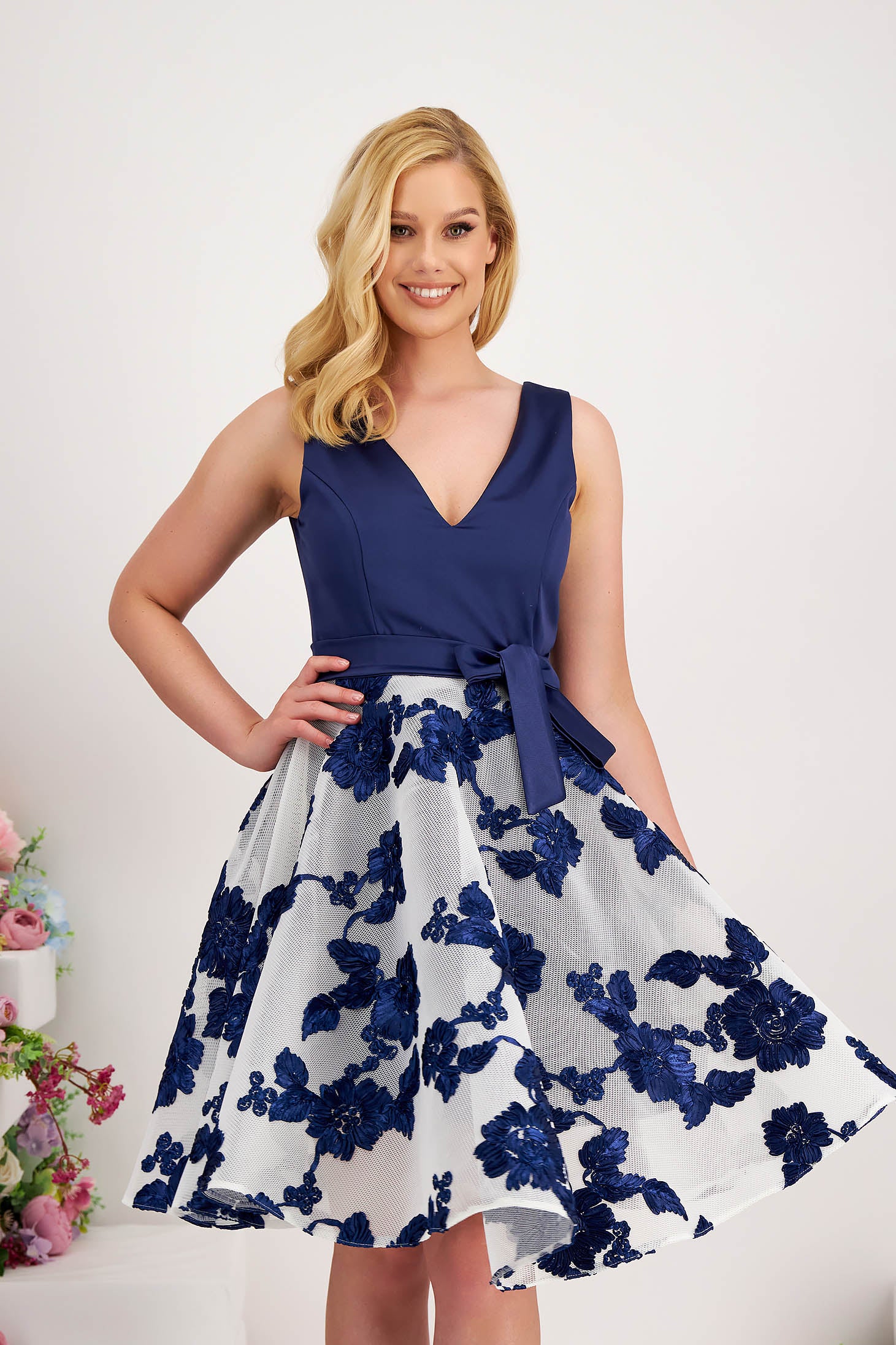 Dark Blue Short Dress Elastic Taffeta Accessorized With Cord