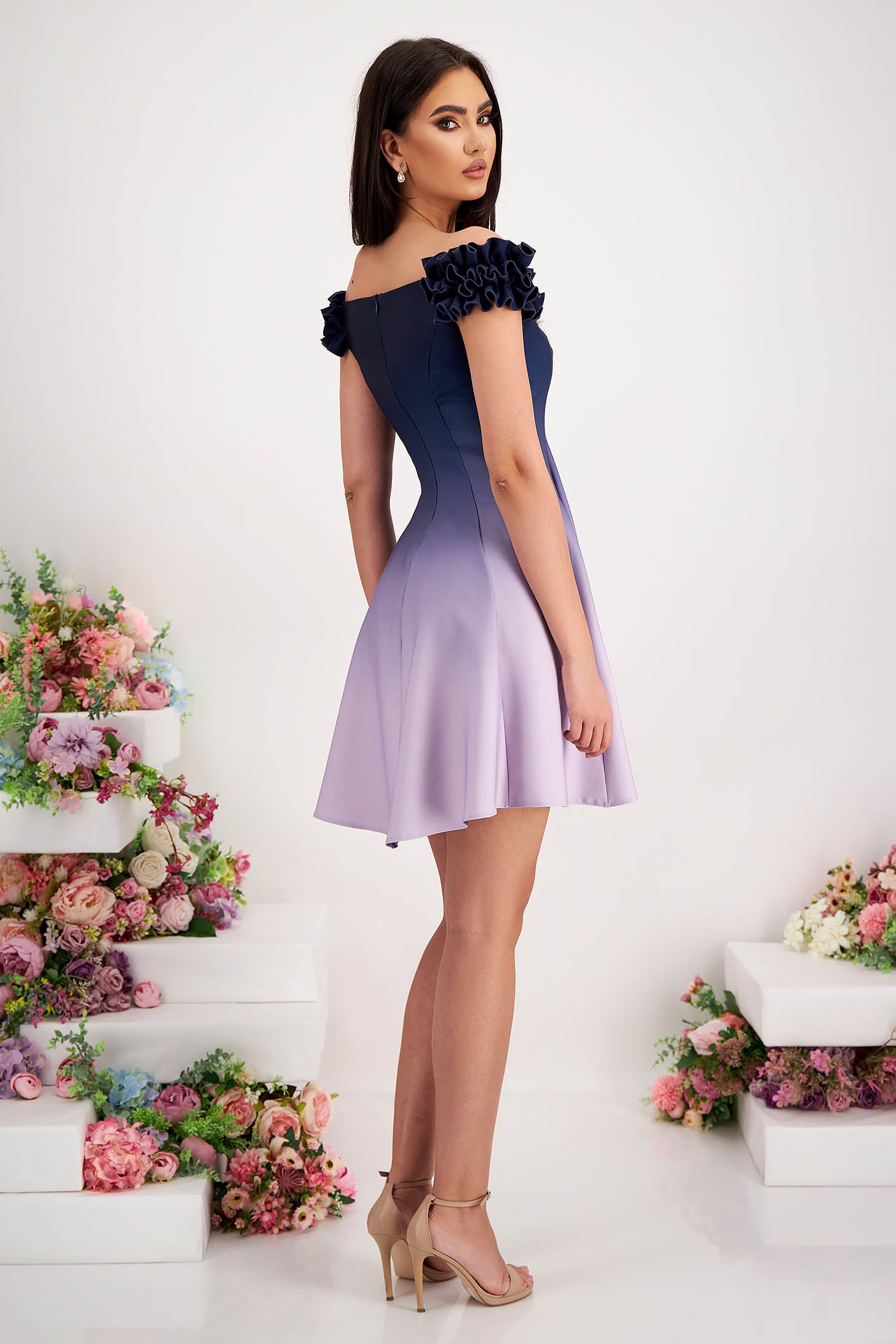 Lilac Dress Elastic Fabric With Digital Print Short Cloche On The Shoulders