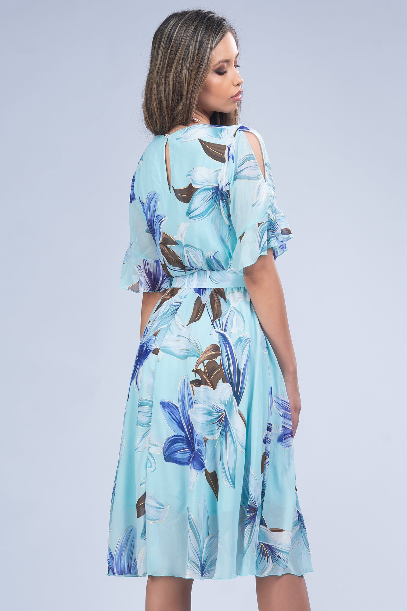 Blue Floral Dress Voile Printed Elastic Waist