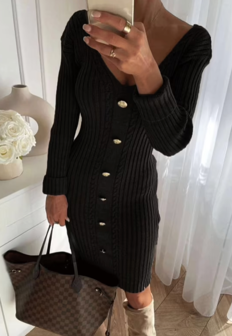 Black Knitted Dress With Golden Buttons