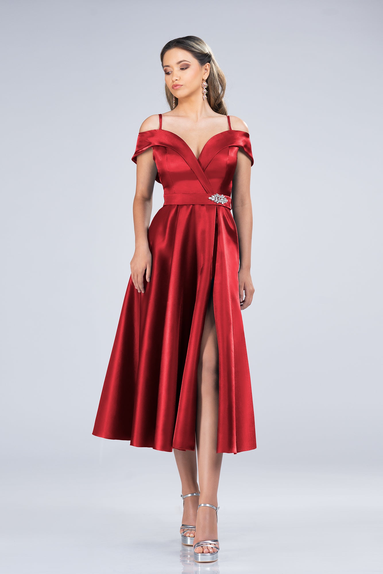 Red Radiance Off-Shoulder Evening Gown Midi Dress