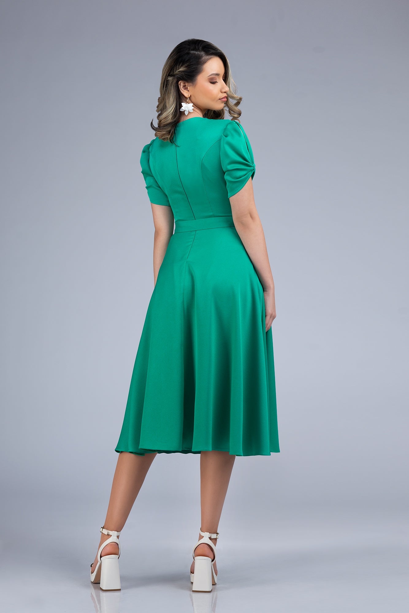 Emerald Grace Midi Dress With Tie Detail Sleeves