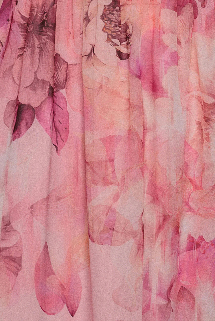 Pink Floral Wrap Flared Midi Dress with Elastic Waist