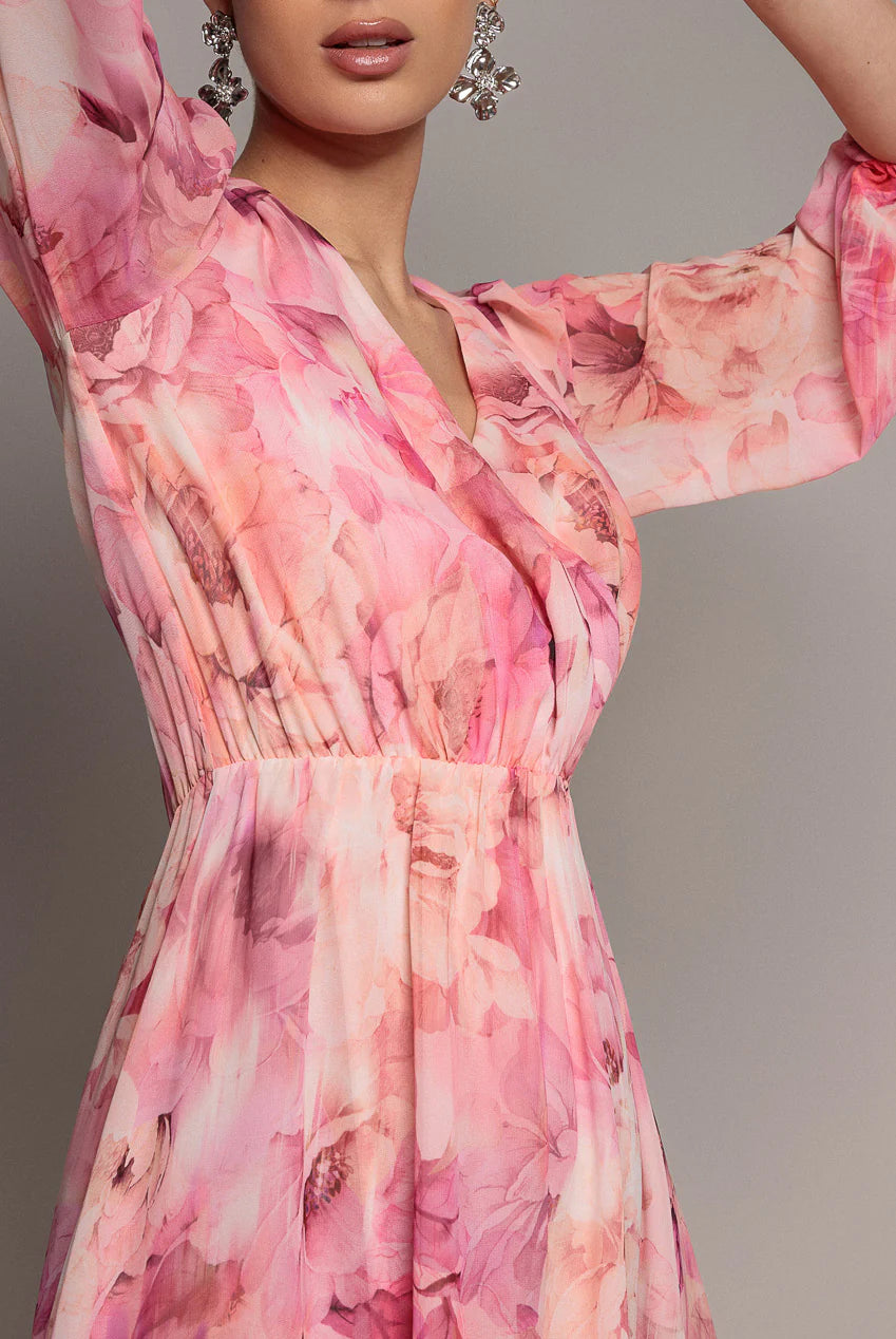 Pink Floral Wrap Flared Midi Dress with Elastic Waist