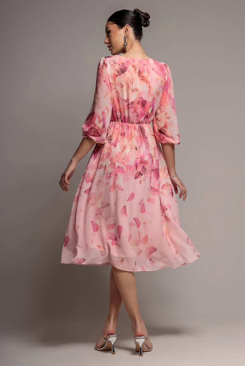 Pink Floral Wrap Flared Midi Dress with Elastic Waist