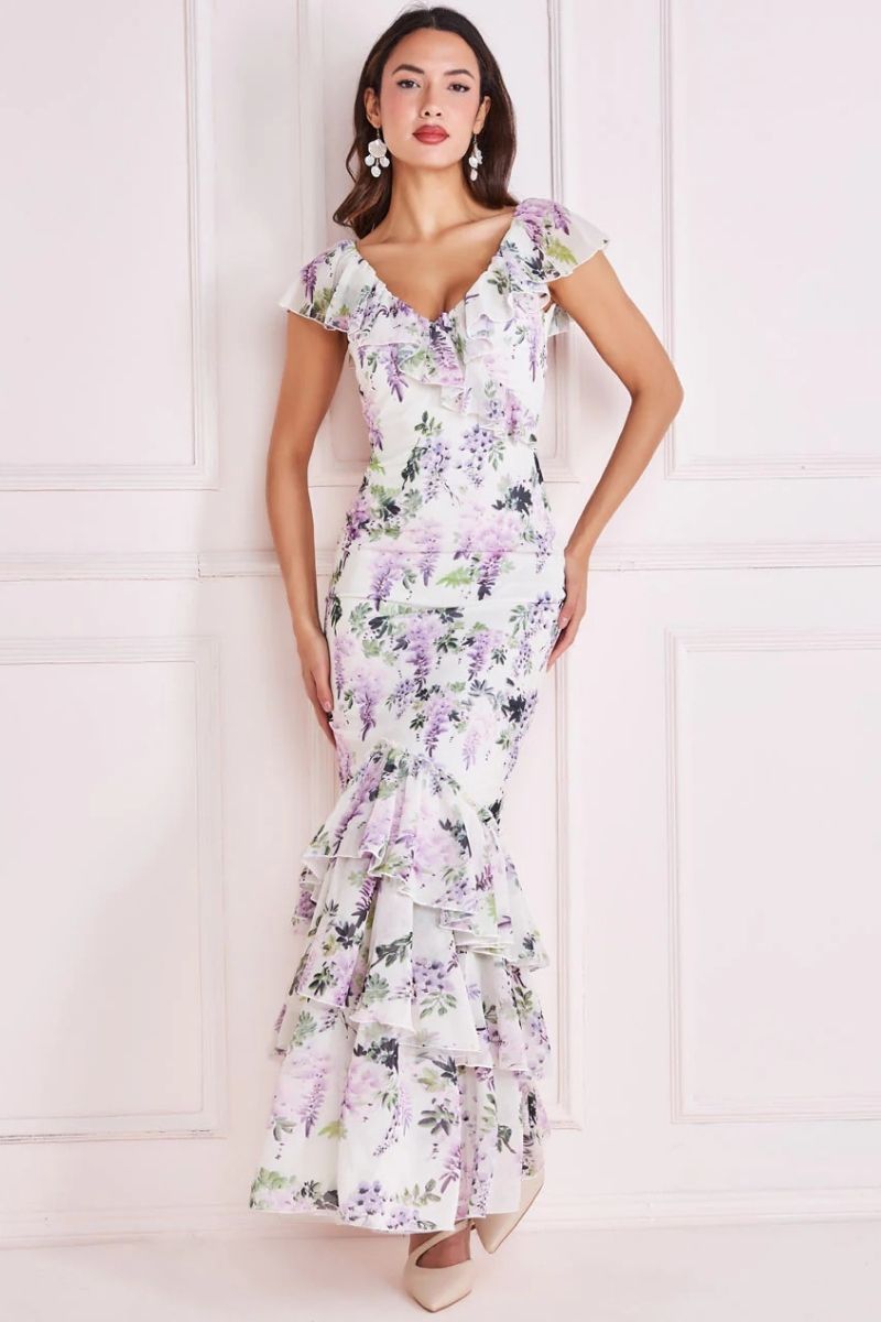 White Floral Mermaid Maxi Dress with Ruffle Neck