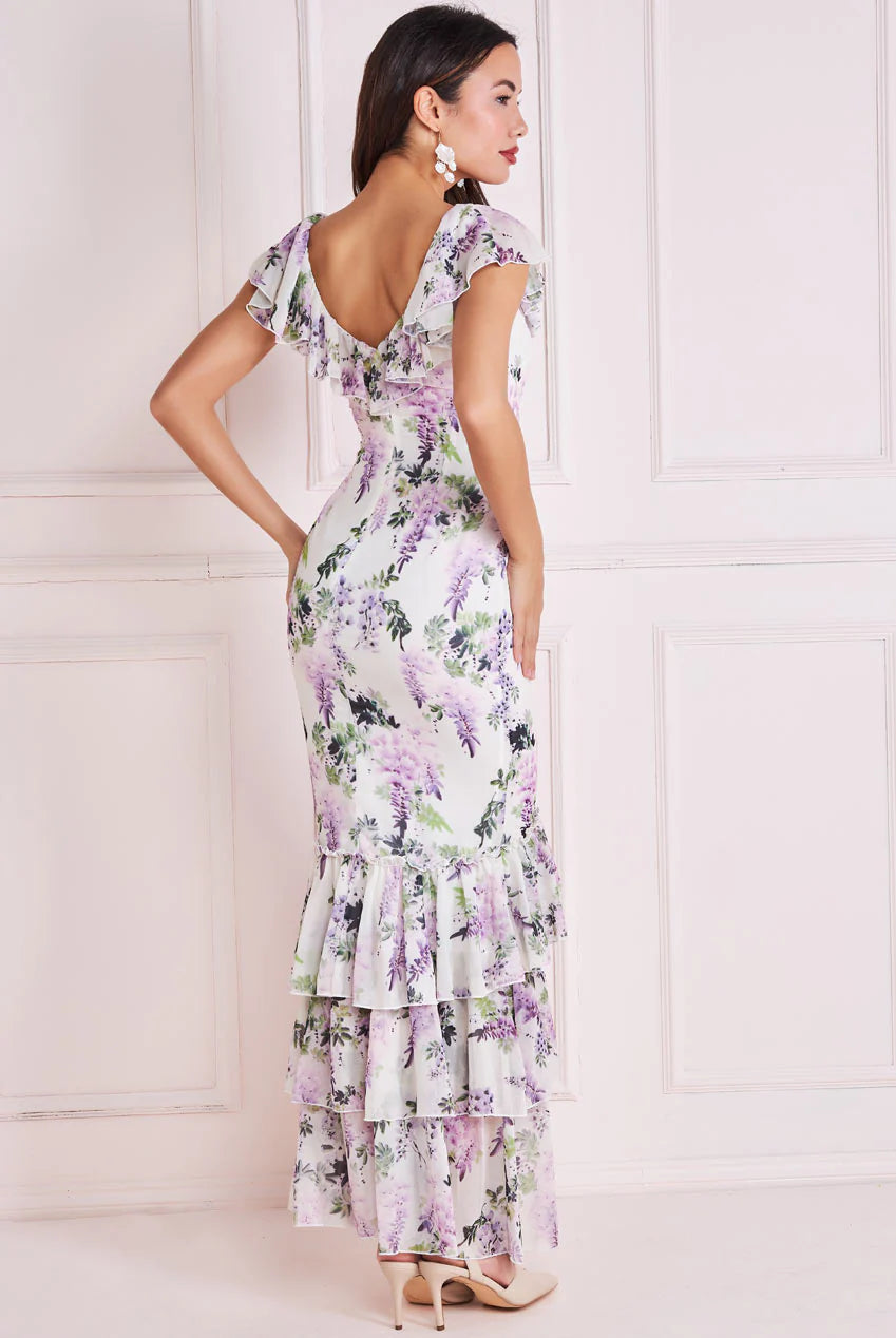 White Floral Mermaid Maxi Dress with Ruffle Neck