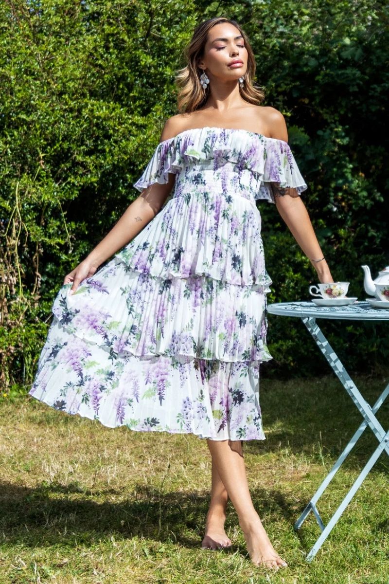 White Floral Off-Shoulder Pleated Chiffon Tiered Midi Dress