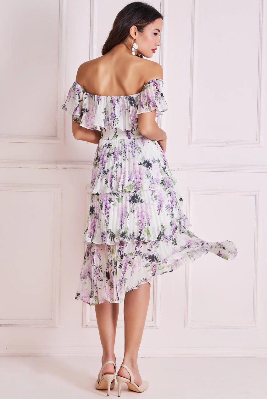 White Floral Off-Shoulder Pleated Chiffon Tiered Midi Dress