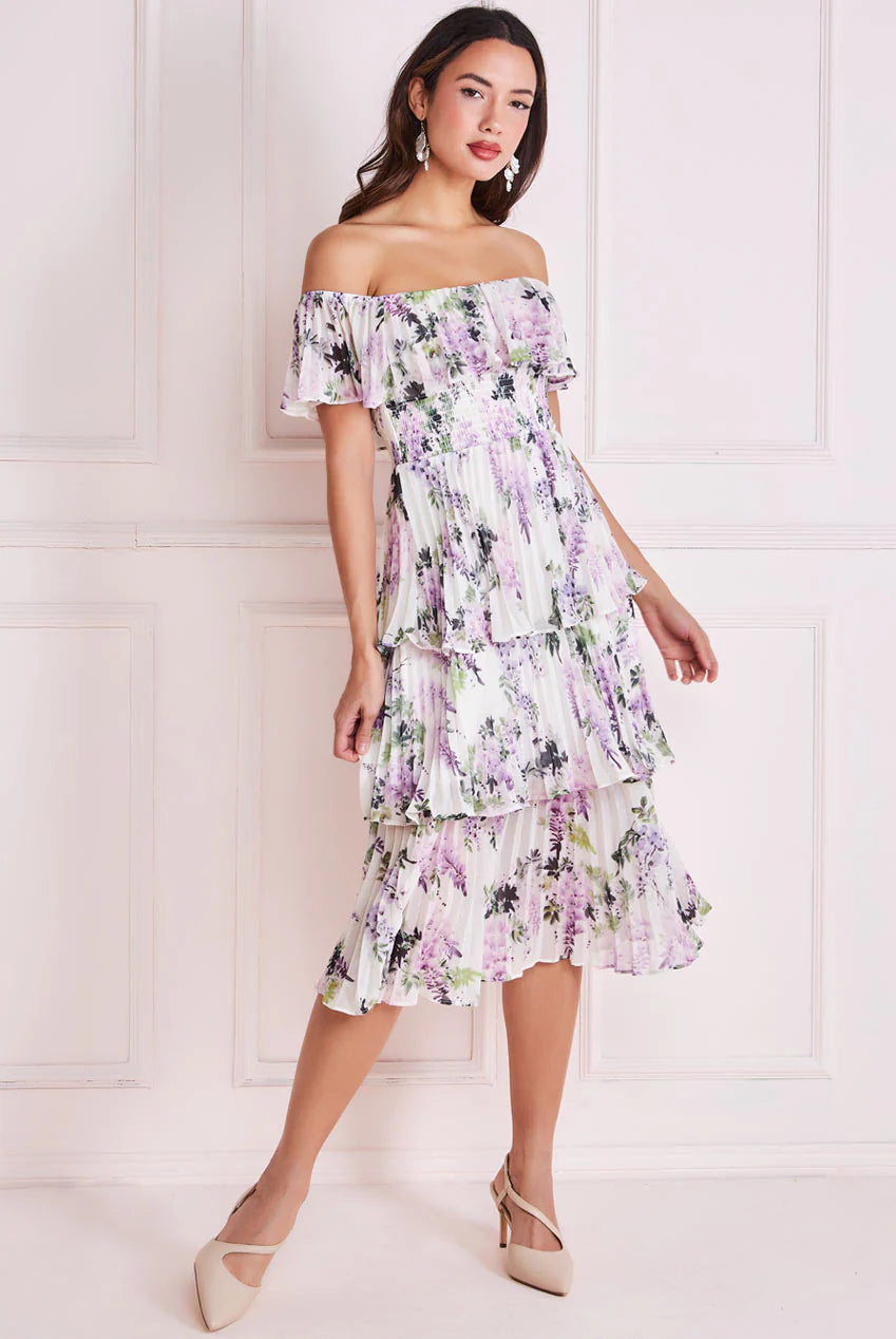 White Floral Off-Shoulder Pleated Chiffon Tiered Midi Dress