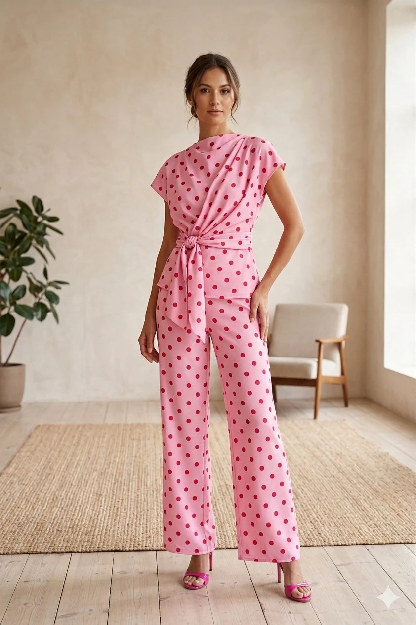 Pink Polka Dot Wrap Top & Straight-Leg Trouser Set