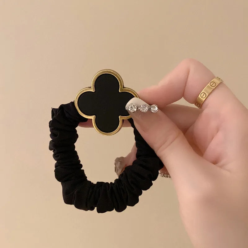Black Korean Four Leaf Flower Hair Tie