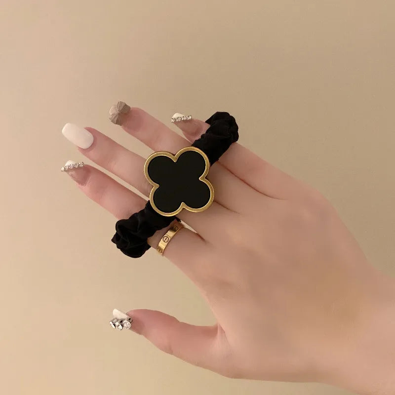 Black Korean Four Leaf Flower Hair Tie