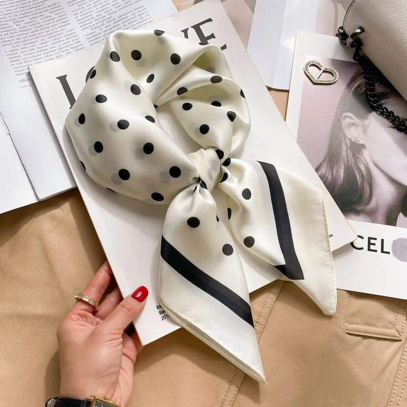 Classic Black & Ivory Polka Dot Satin Scarf