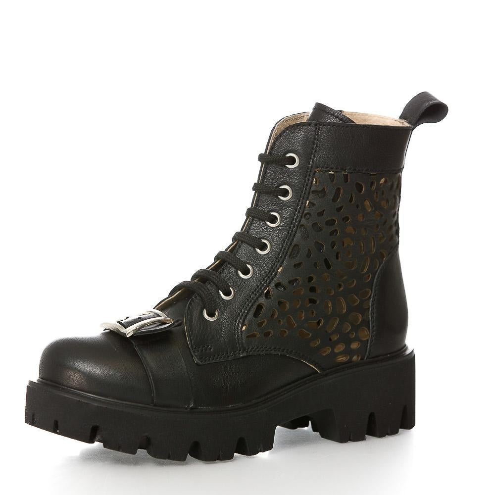 Black Short Boots Natural Leather With Perforations