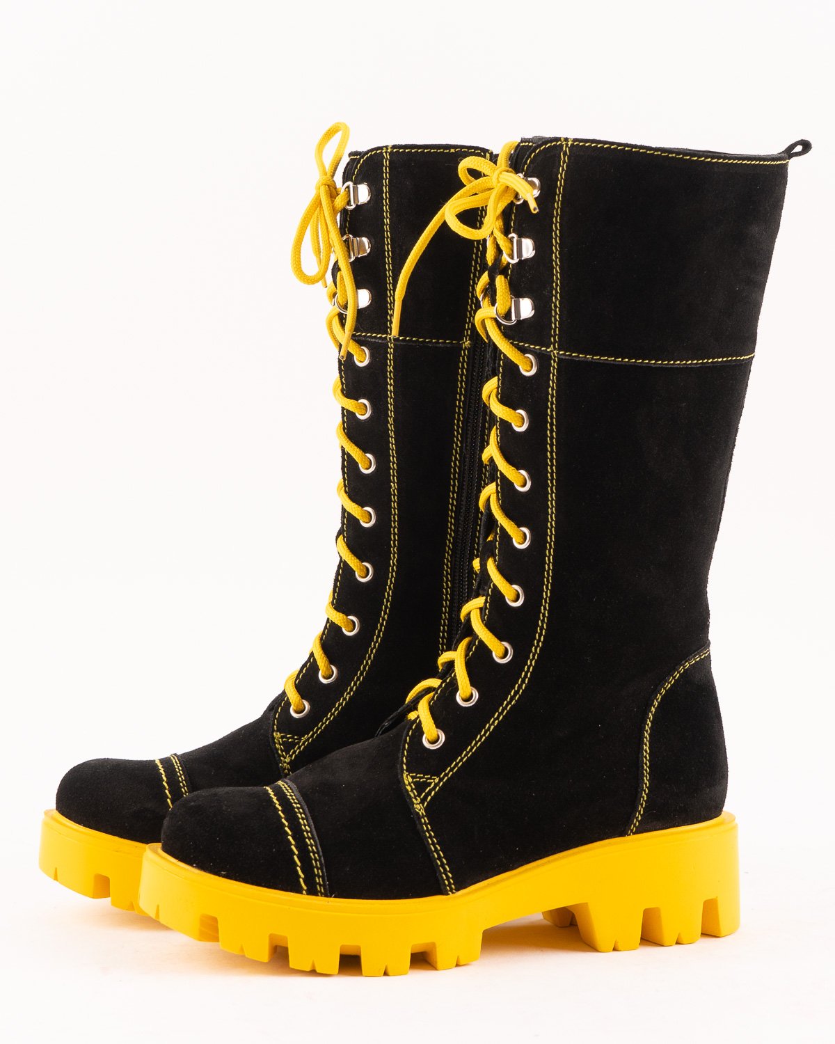 Black Yellow Boots Natural Suede With Laces