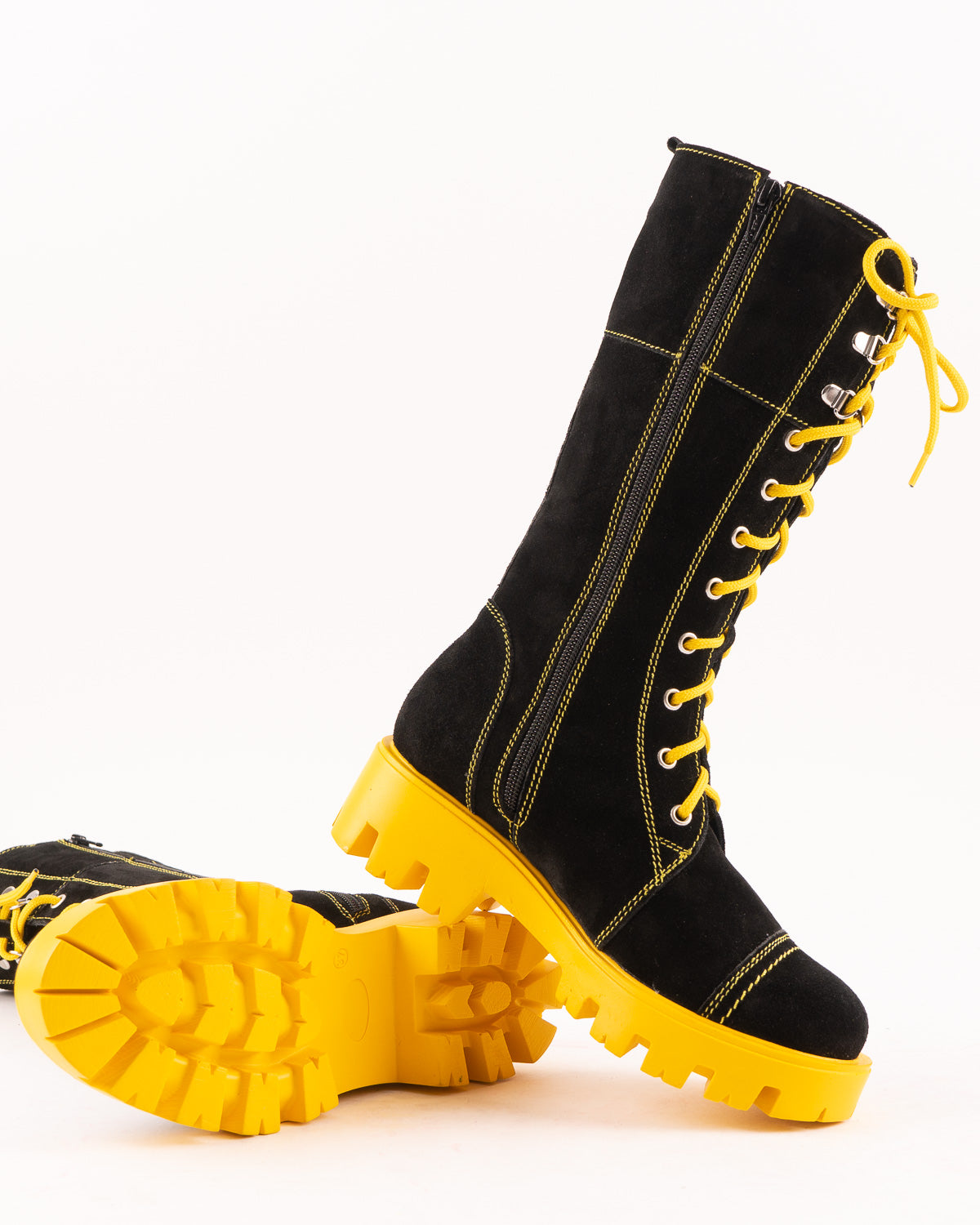 Black Yellow Boots Natural Suede With Laces