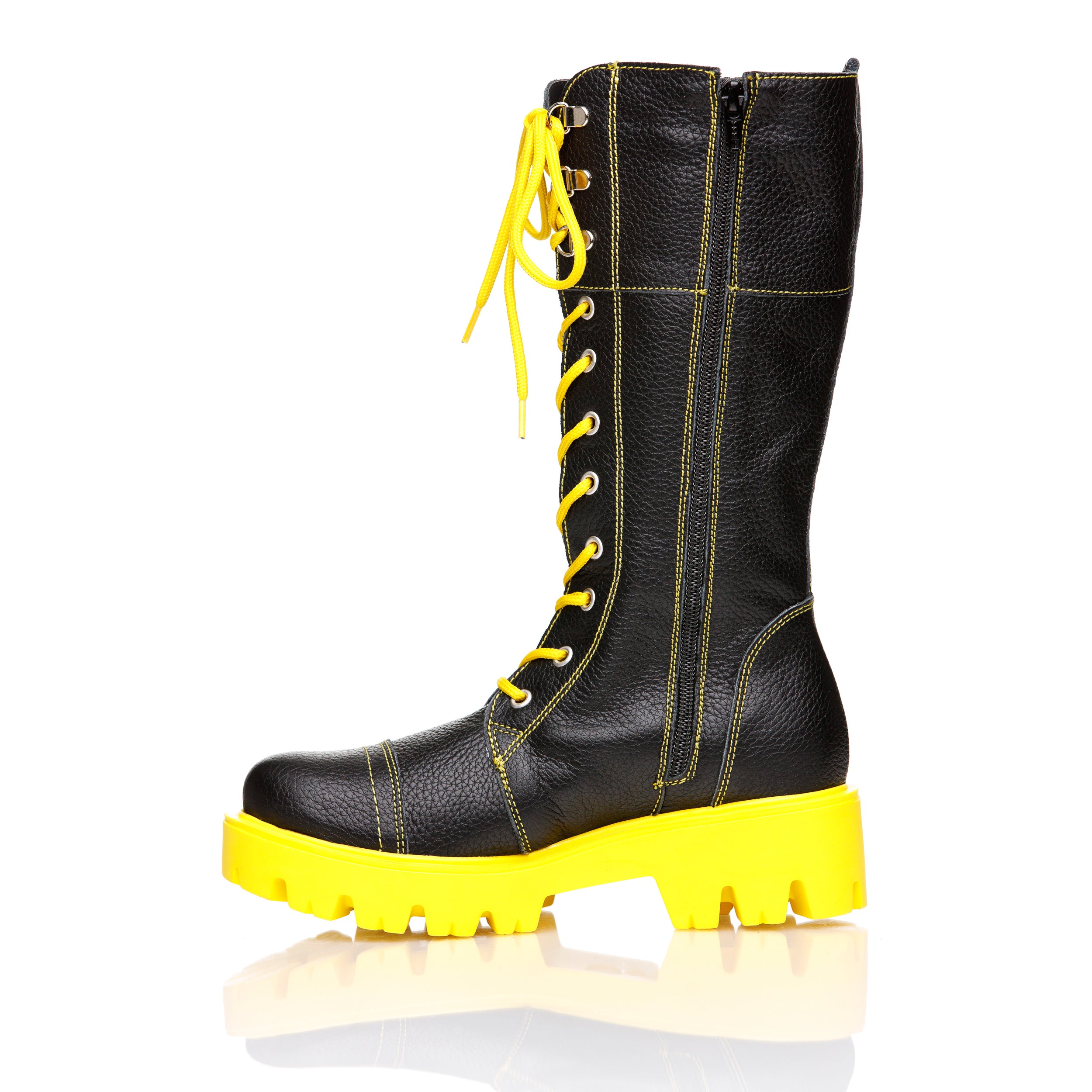 Black Yellow Boots Natural Leather With Laces