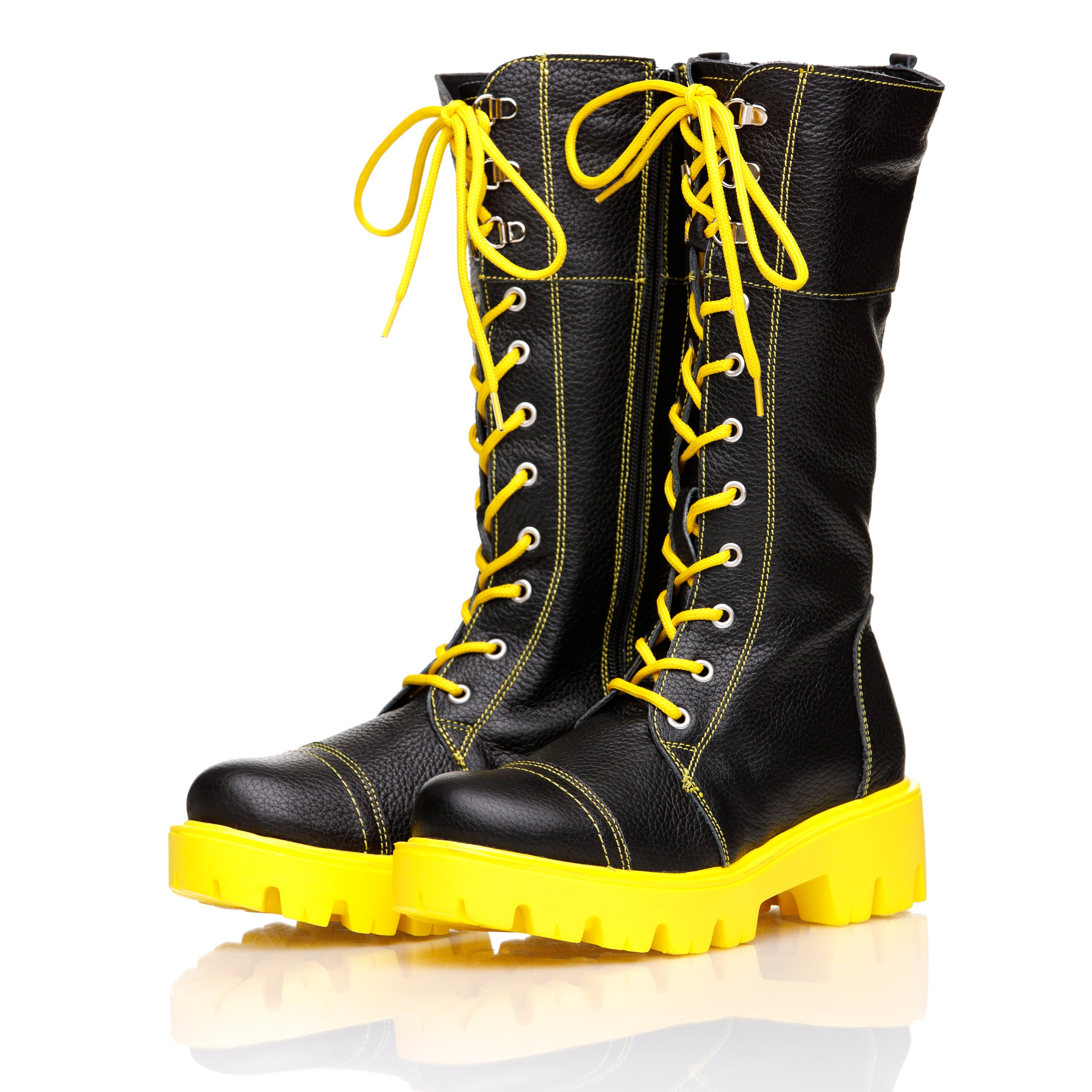 Black Yellow Boots Natural Leather With Laces