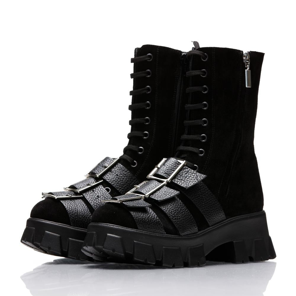 Black Short Boots Natural Suede Leather With Black Press
