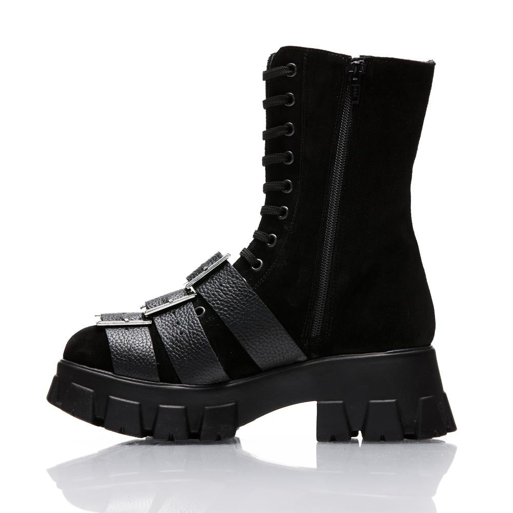 Black Short Boots Natural Suede Leather With Black Press
